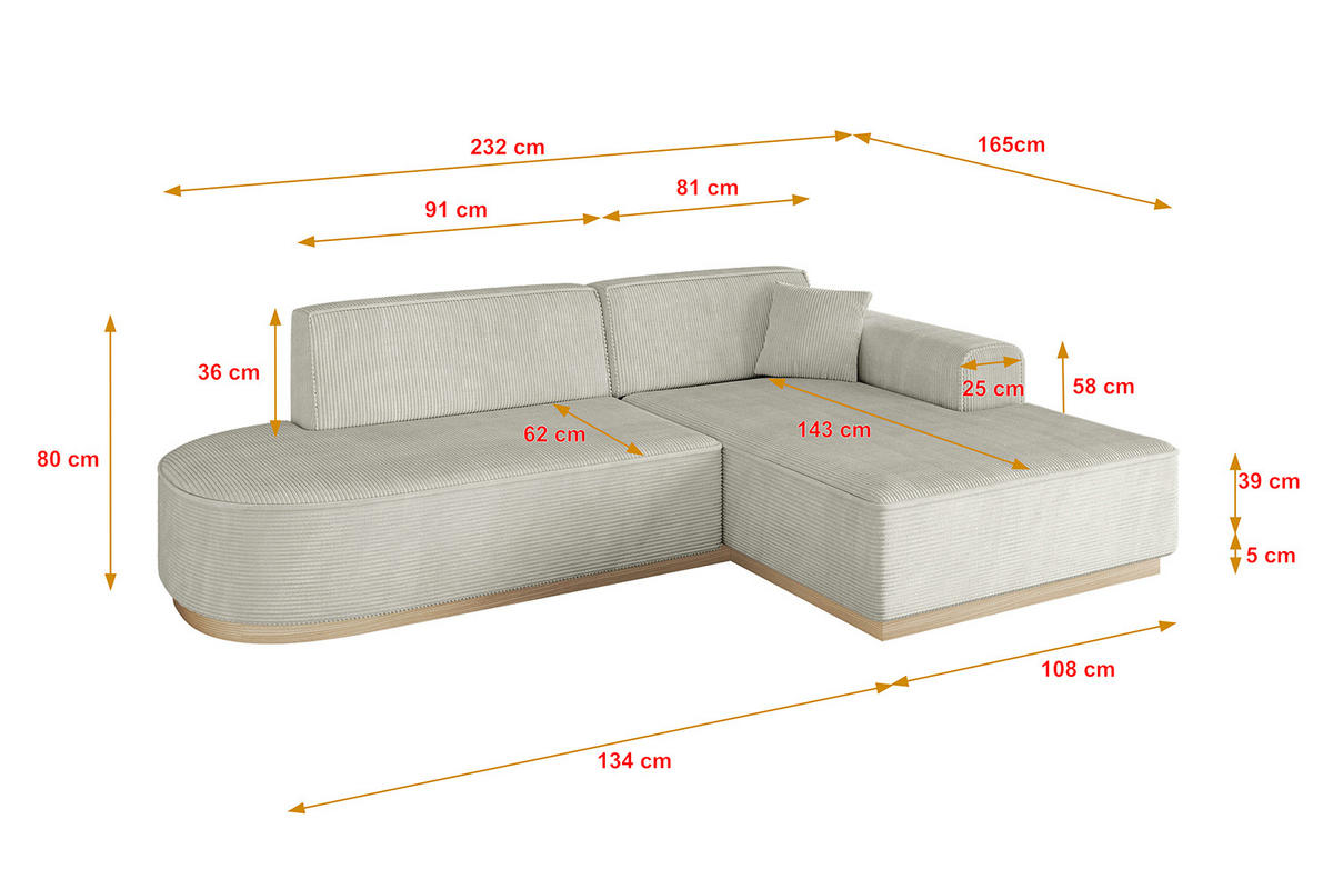 ECKSOFA Ottomane Rechts IREA-L1 - 232x165x80 cm Hellgrau - Ecru, Holzwerkstoff/Textil (232/165cm) - ALTDECOR