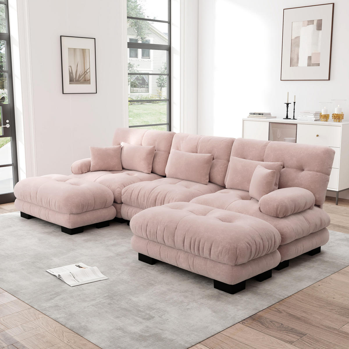 WOHNLANDSCHAFT Chenille Pink mit Ottomane - Rosa, Textil (313/81/145cm) - WISHDOR