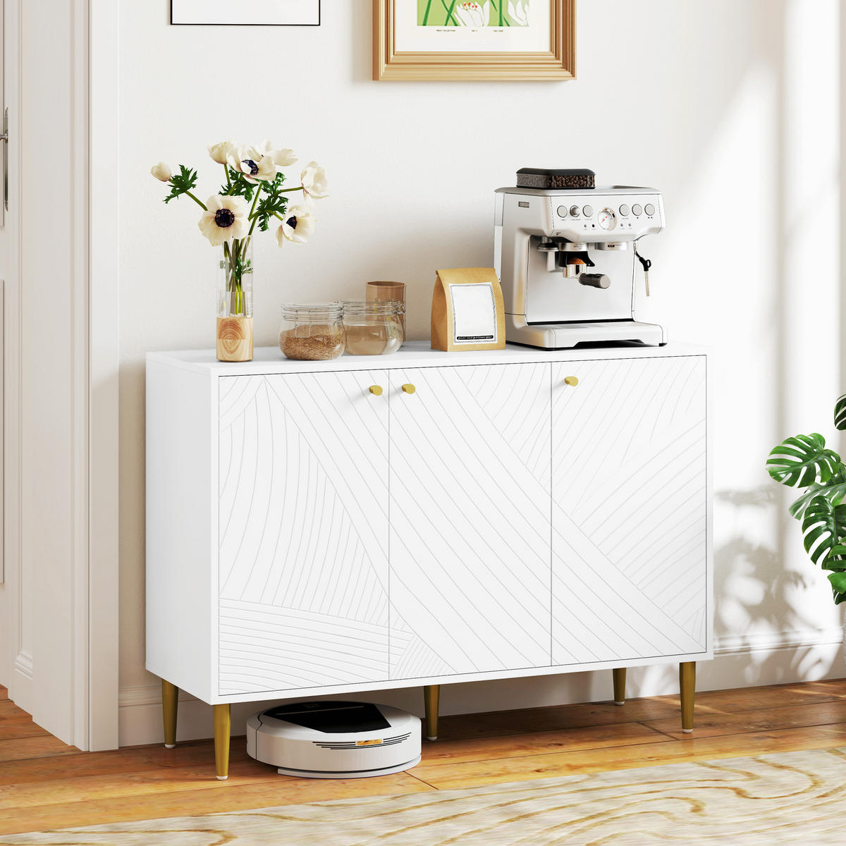 SIDEBOARD DE-11126 3 Türen mit verstellbaren Böden & Goldfüßen Weiß - Weiß, Holzwerkstoff (107/77/35cm) - ComfortXL