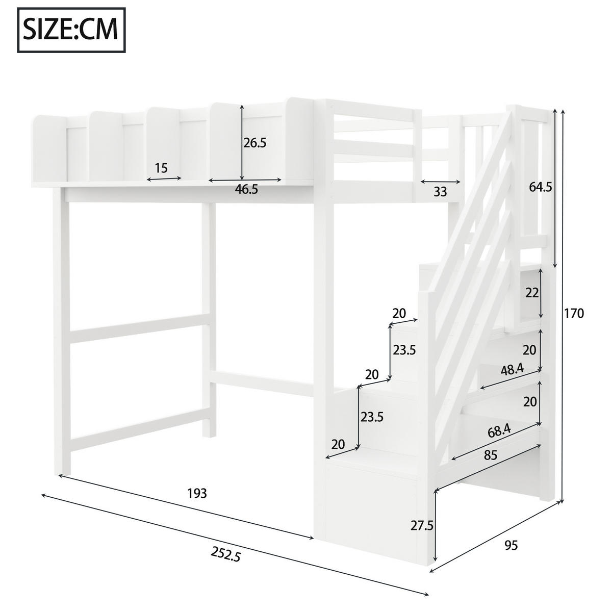 HOCHBETT 90/200 cm in Weiß mit Sicherheitsgitter, LED und Stauraum - Weiß, Holz/Holzwerkstoff (90/200cm) - WISHDOR