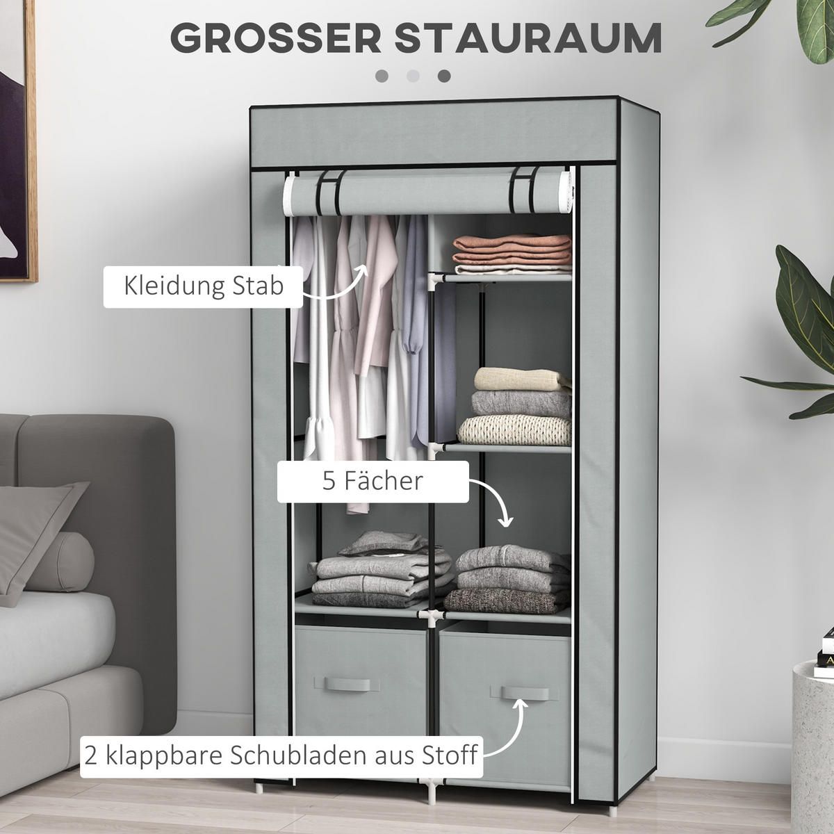 STOFFSCHRANK, Kleiderschrank, Hellgrau - Hellgrau, Metall (42.5/162.5/83cm) - HOMCOM