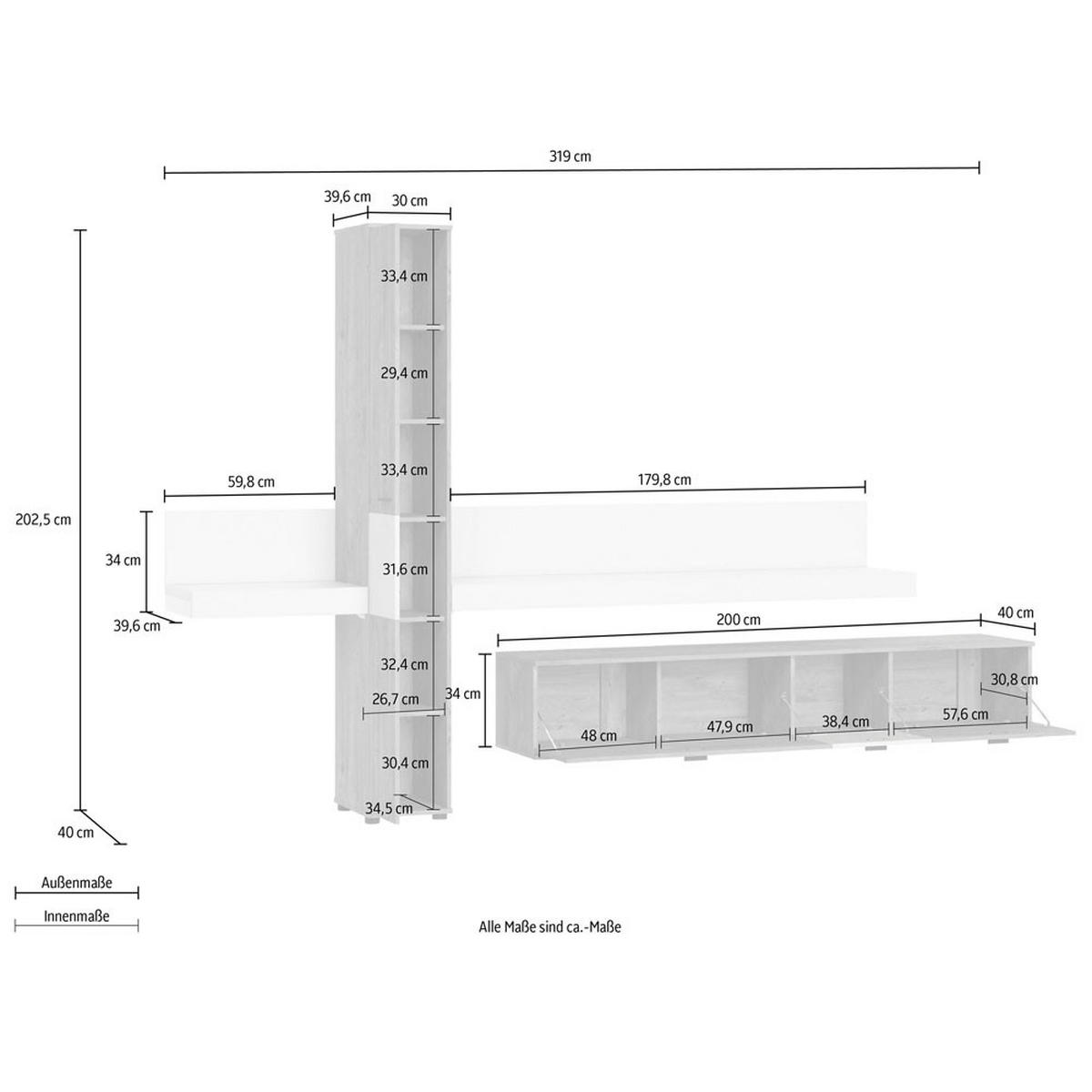 WOHNWAND Kumara 4-teilig Eiche Ribbeck / weiß 319 / 40 / 202,5cm - Eichefarben/Multicolor, Holz/Holzwerkstoff (319/202.5/40cm) - Feldmann-Wohnen