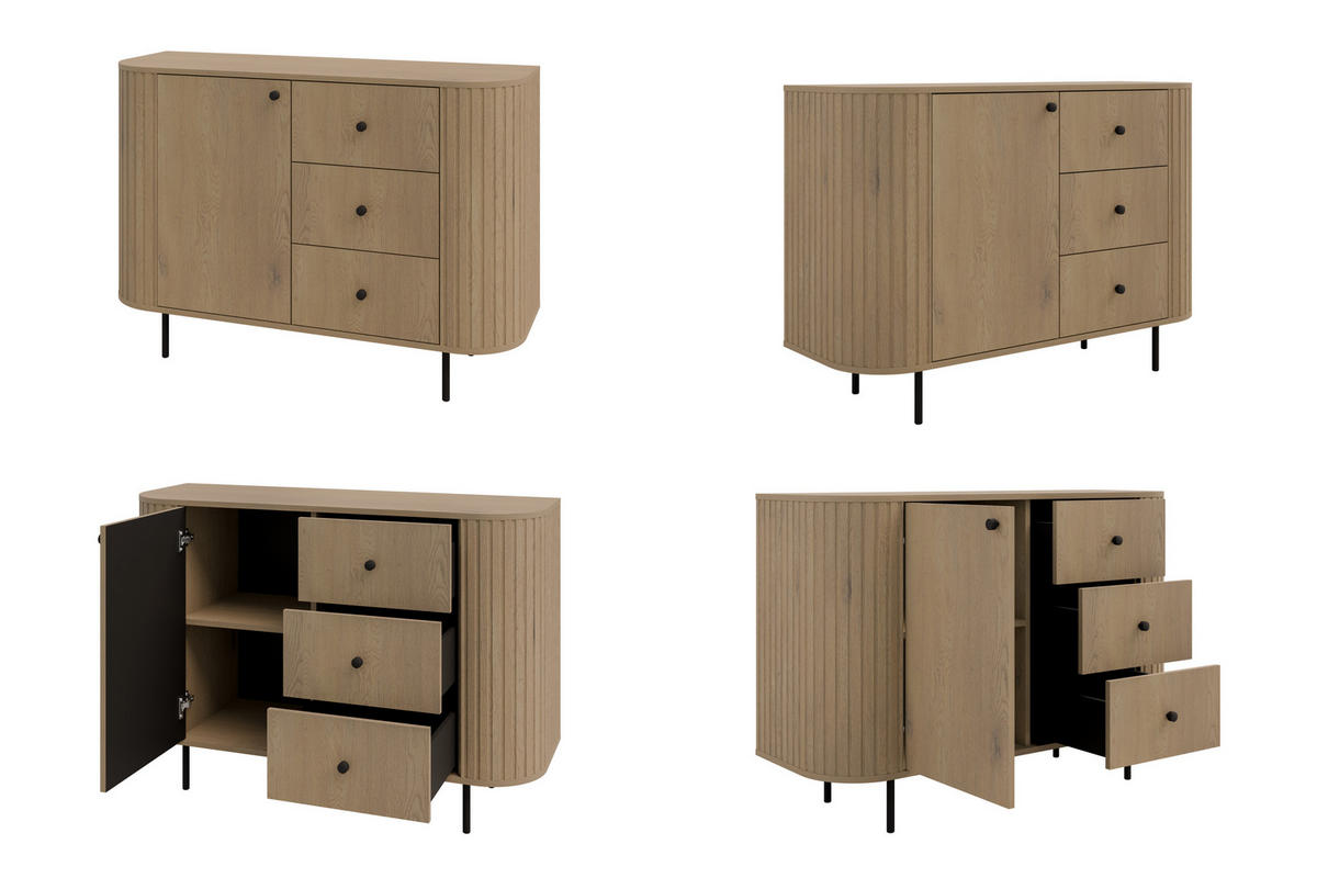 KOMMODE Olivia 123cm, mit 1 Tür, 3 Schubladen und geriffeltem Design, eiche sonoma - Sonoma Eiche, Metall (43/85/123cm) - Margaret Hadas24