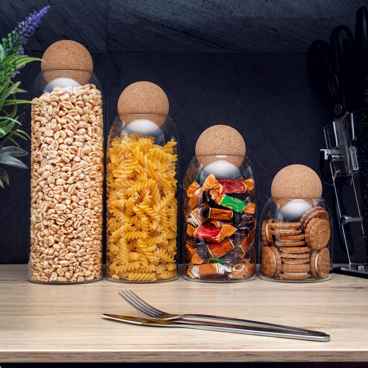 AUFBEWAHRUNGSBEHÄLTER Set mit Kork-Kugel (4-tlg.) - Transparent, Glas (9/29/9cm) - Intirilife