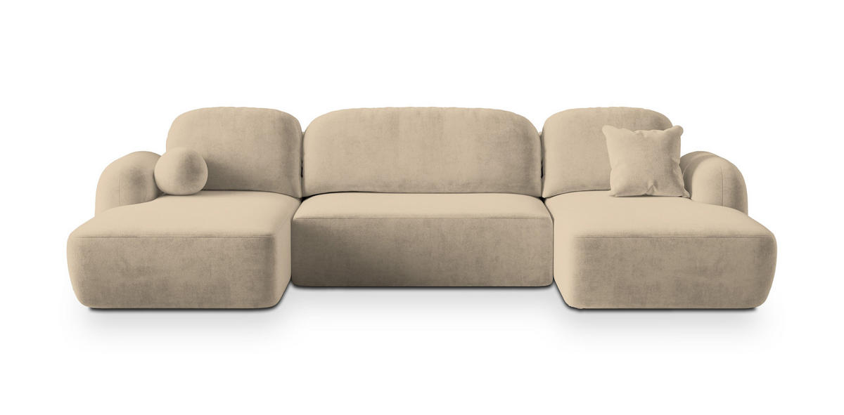 WOHNLANDSCHAFT SAVONA K Beige Plüsch-Stoff mit Schlaffunktion - Beige, Holz (320/90/148cm) - MASSENO