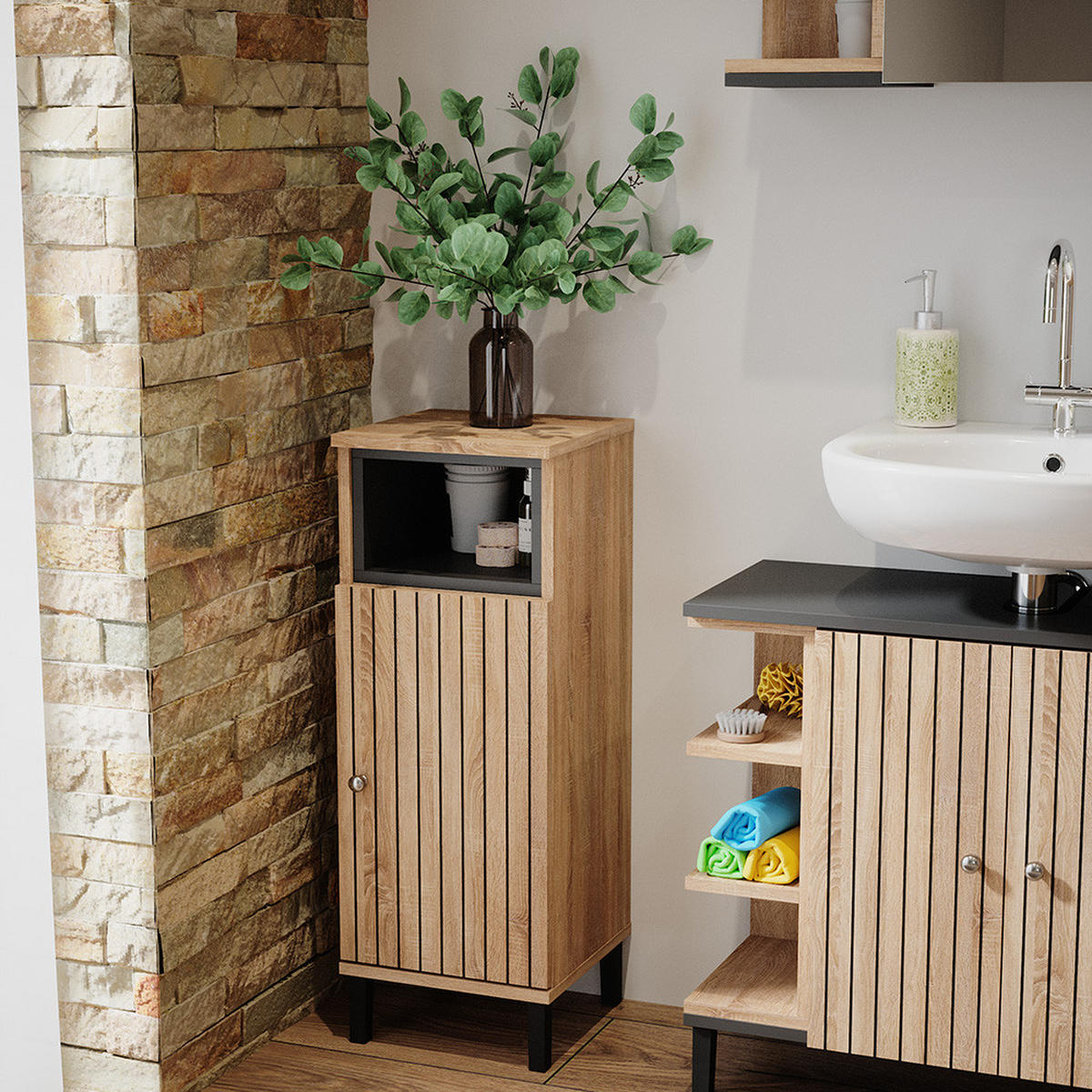 MIDISCHRANK Aquis Sonoma 30 x 86.8 cm mit Tür und offenem Fach - Braun/Sonoma Eiche, Holzwerkstoff (30/81.8/30cm) - Vicco