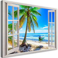 WANDBILD fensterblick palmen tropisches meer - Blau, Textil (60/40cm) - Feeby