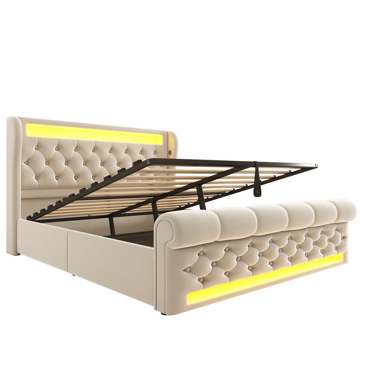 POLSTERBETT 140x200cm Doppelbett LED USB-C & Hydraulik Beige Samt - Beige, Holz (140/200cm) - FLIEKS