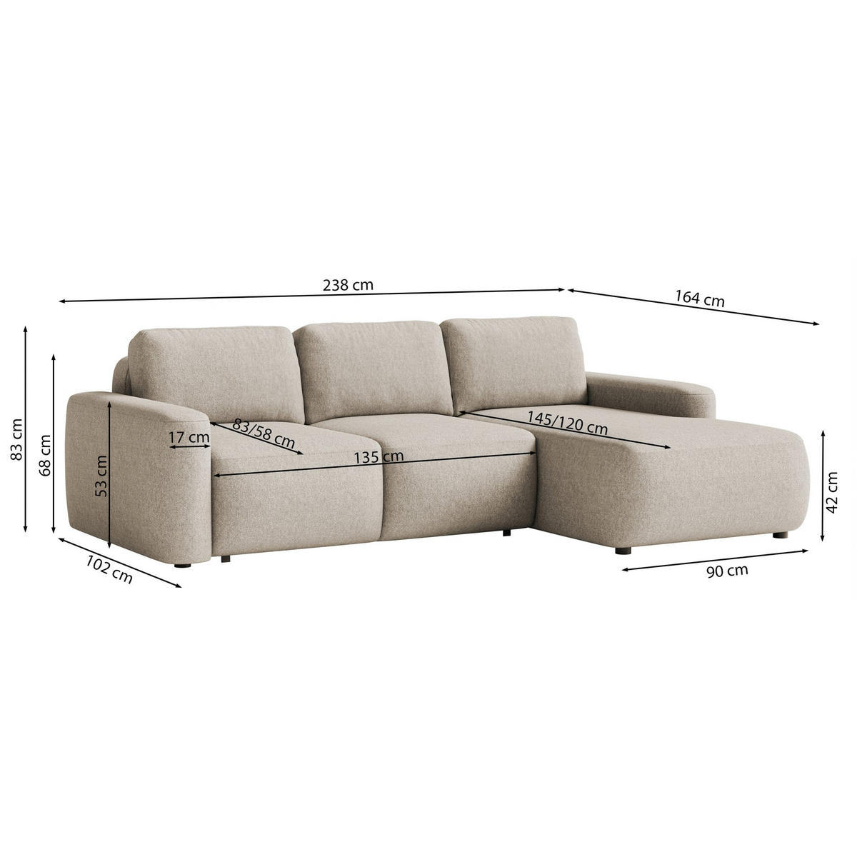 ECKSOFA Carnos Mini Grau Chenille - Schwarz/Grau, Kunststoff/Textil (238/164cm) - Selsey