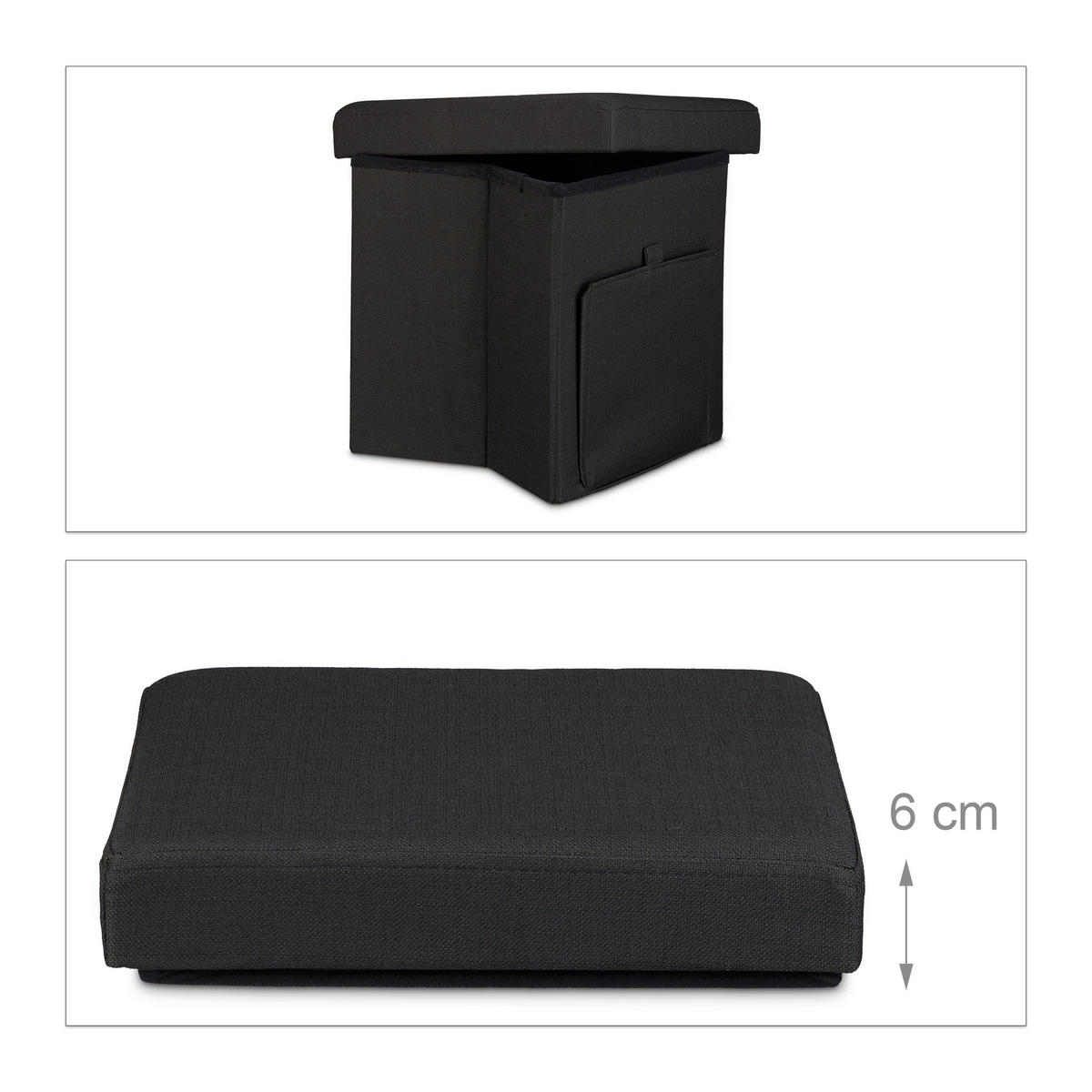 FALTBARER Sitzhocker - Schwarz, Holzwerkstoff/Textil (38/38/38cm) - Relaxdays