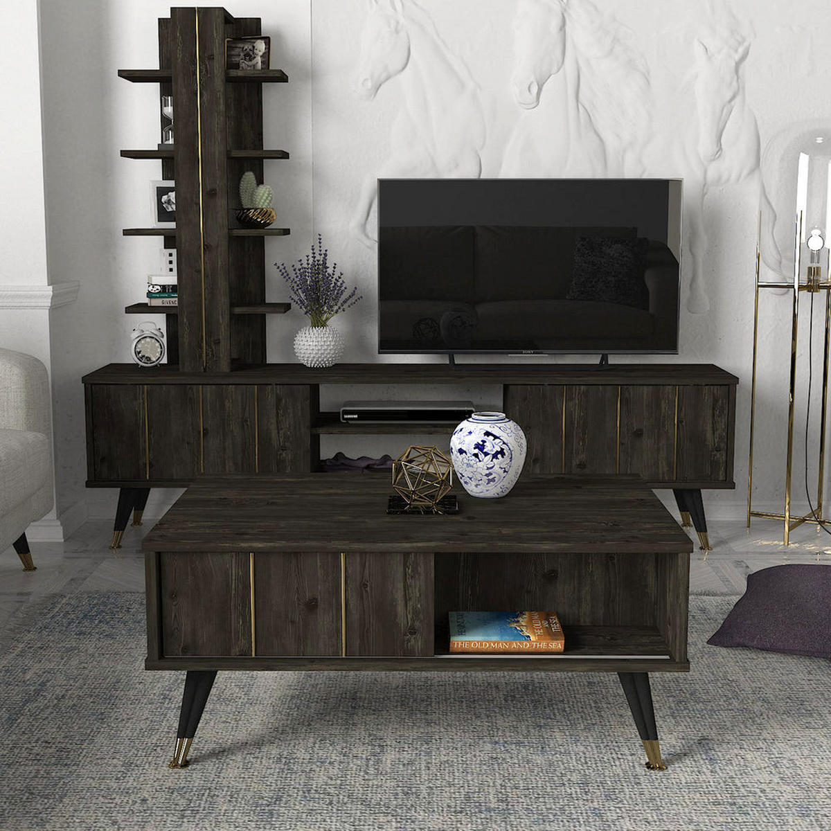 COUCHTISCH Nero Rebab Braun Dunkelgrau - Dunkelgrau/Goldfarben, Holzwerkstoff/Kunststoff (60/90/40cm) - moebel17