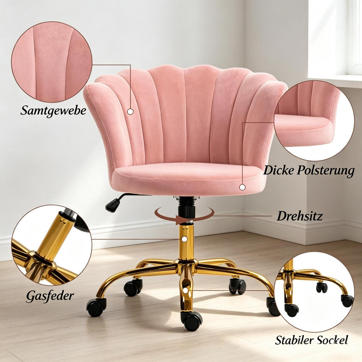 DREHSTUHL rosa Velours Friseurstuhl höhenverstellbar 69 cm - Rosa, Textil (69/80/64cm) - Gisaae