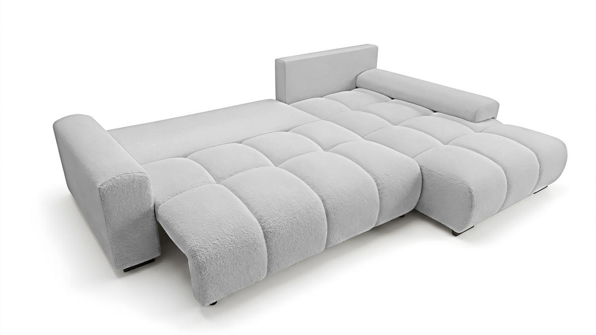 ECKSOFA Ovia mit Bettkasten und Schlaffunktion, Bouclé-Stoff in L-Form - Hellgrau, Textil (270/185cm)