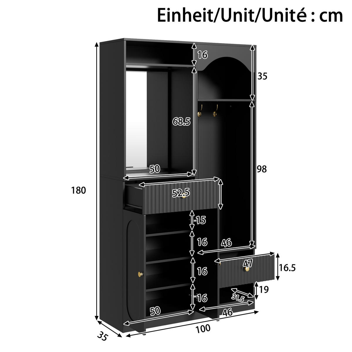 GARDEROBE-SET in Schwarz Flurmöbel Set mit Spiegel und Sitzbank für Flur, B100/T35/H180cm - Schwarz, Holzwerkstoff (100/180/35cm) - STILVORA
