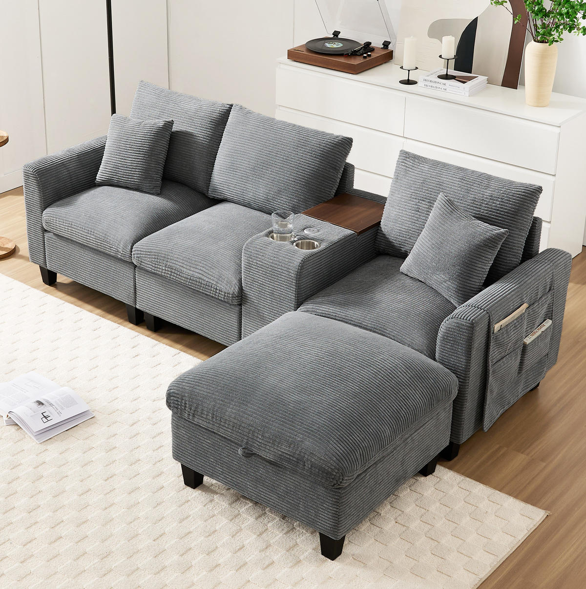WOHNLANDSCHAFT aus Cord 229x149,5x83 cm Grau mit USB-Anschlüssen, Mittelkonsole, Becherhaltern und Stauraumhocker - Grau, Textil (149.5/229cm) - Modfu