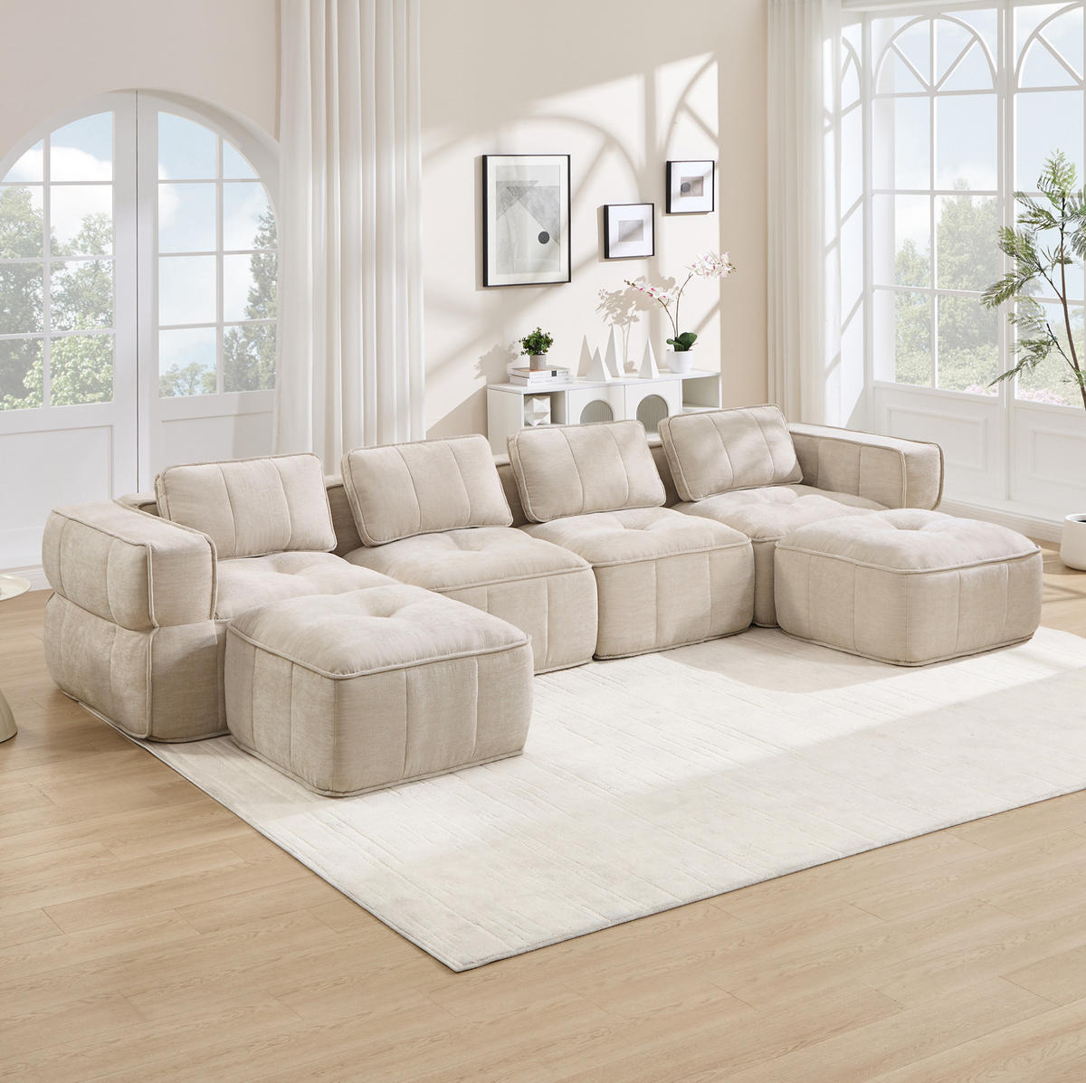 WOHNLANDSCHAFT 344/162/67 cm in Beige aus Polyester mit Hockern - Beige, Kunststoff (162/67/344cm) - Flora Grace
