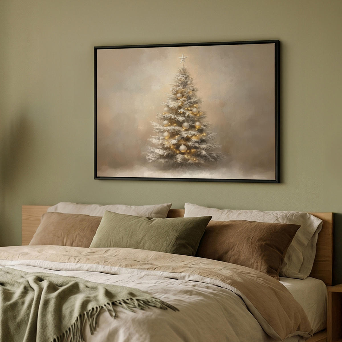 LEINWAND Bilder mit Rahmen - Weihnachten - Weihnachtsbaum - Schnee - Kunst - 100x70 - Champagner, Textil (100/70cm) - MuchoWow