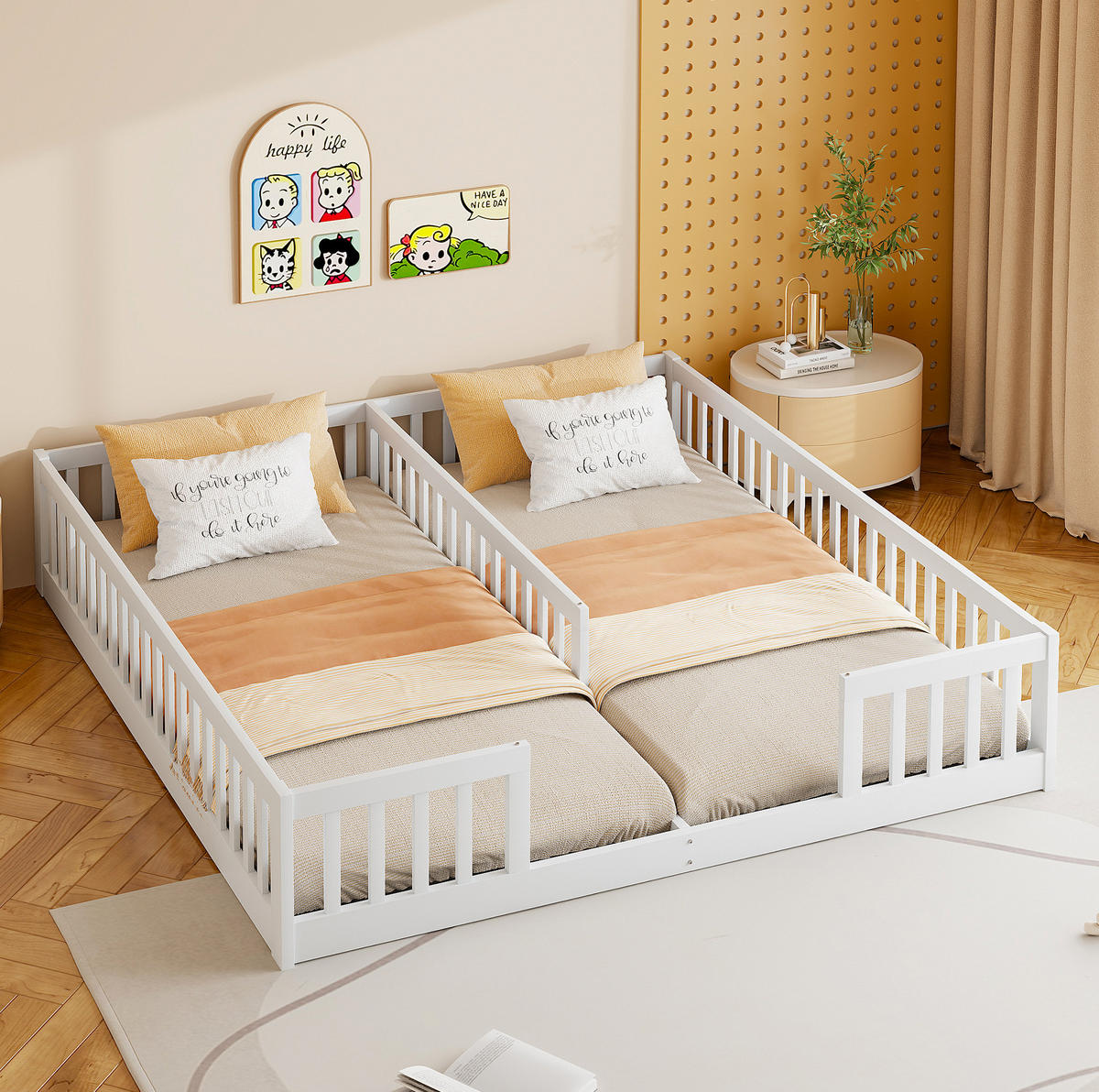 KINDERBETT aus Kiefernholz und MDF 90x200 cm Weiß mit Lattenrost und Sicherheitsgitter für 2 Kinder - Weiß, Holz (90/200cm) - Modfu