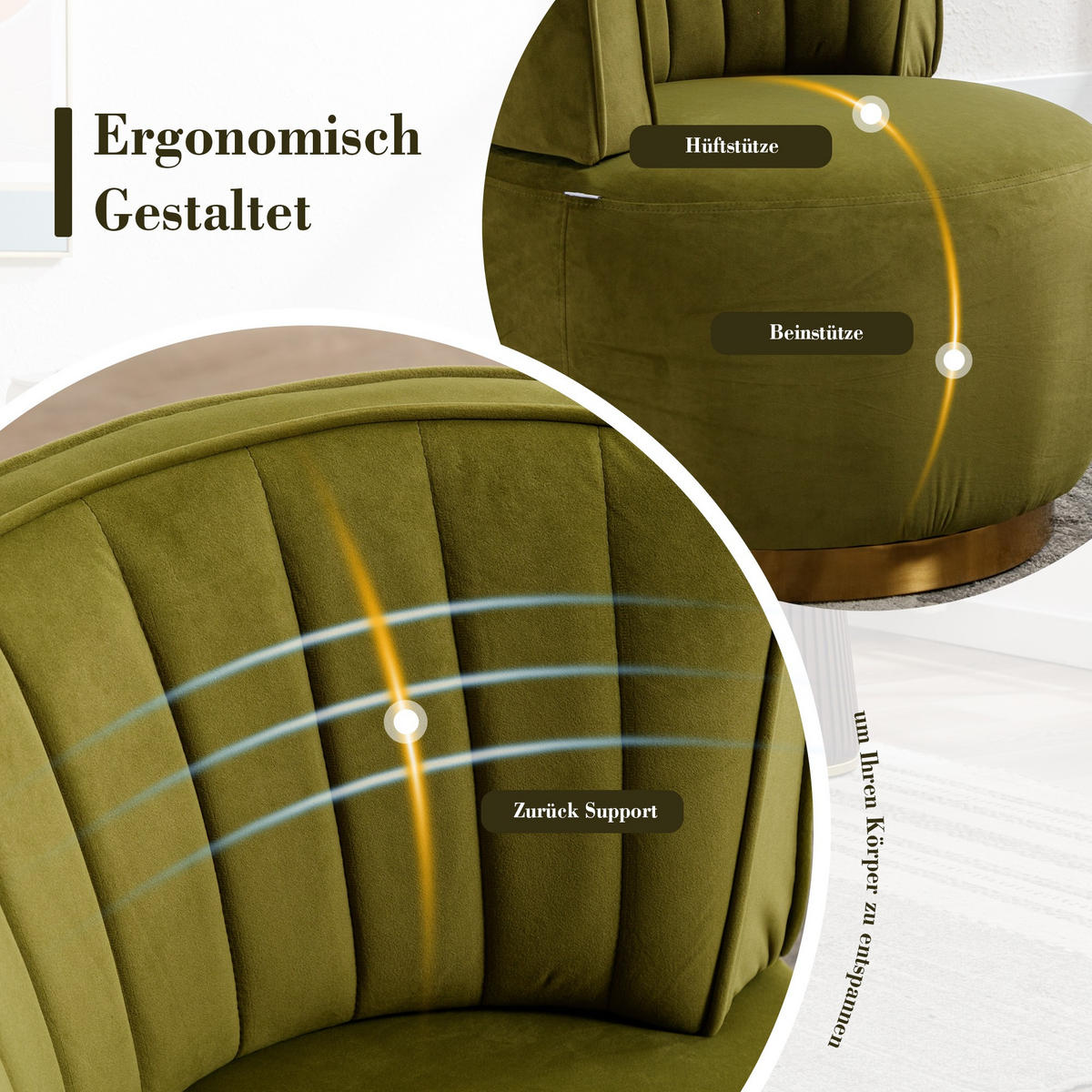 DREHSTUHL 360°Drehsessel,runde Sessel mit breiter Polsterung,Samt,Grün - Grün, Metall (62/69/62cm) - LVHOM