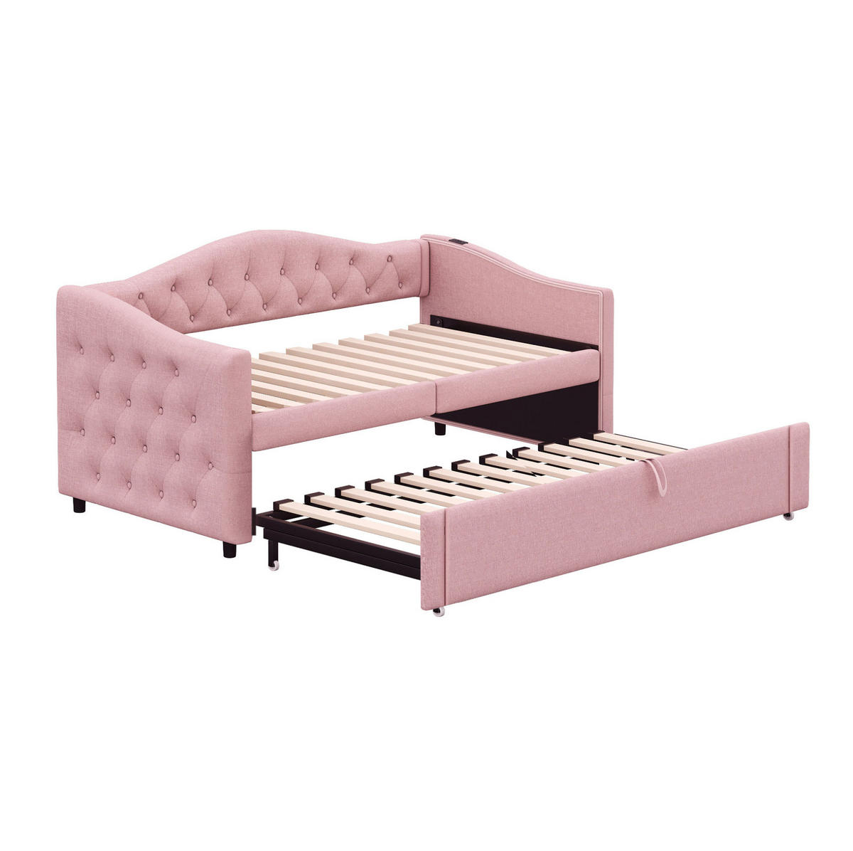 ČALÚNENÁ posteľ z ľanovej látky 90x200 cm ružová s USB portom a lamelovým roštom - pink, textil (90/200cm) - Modfu