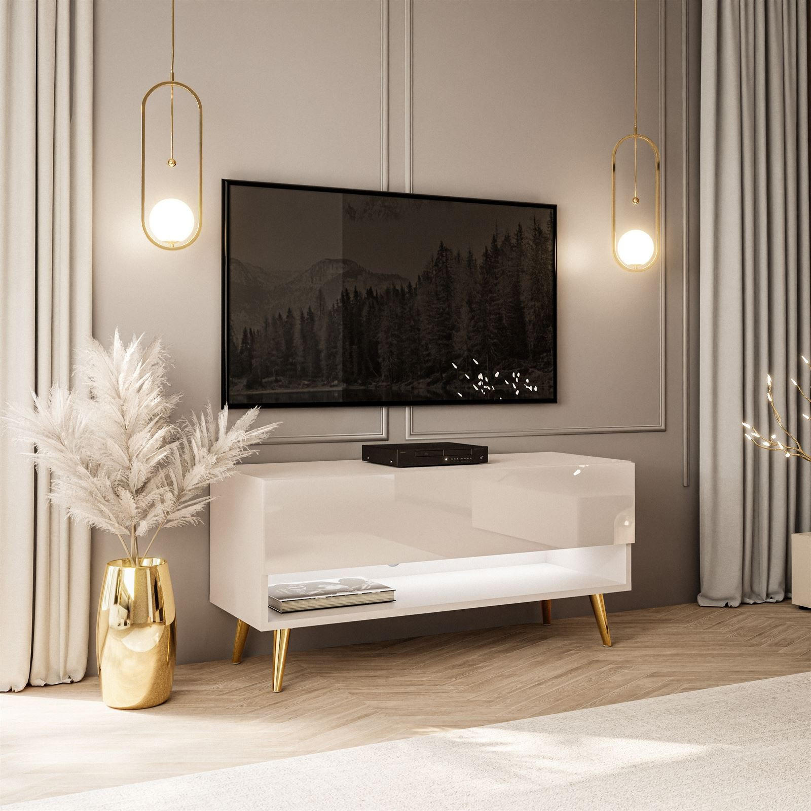 LOWBOARD TV-Schrank CALANTE 90 cm auf schrägen goldenen Chrom-Beinen - Beige/Goldfarben, Holzwerkstoff/Metall (90/43/35cm) - Lookway