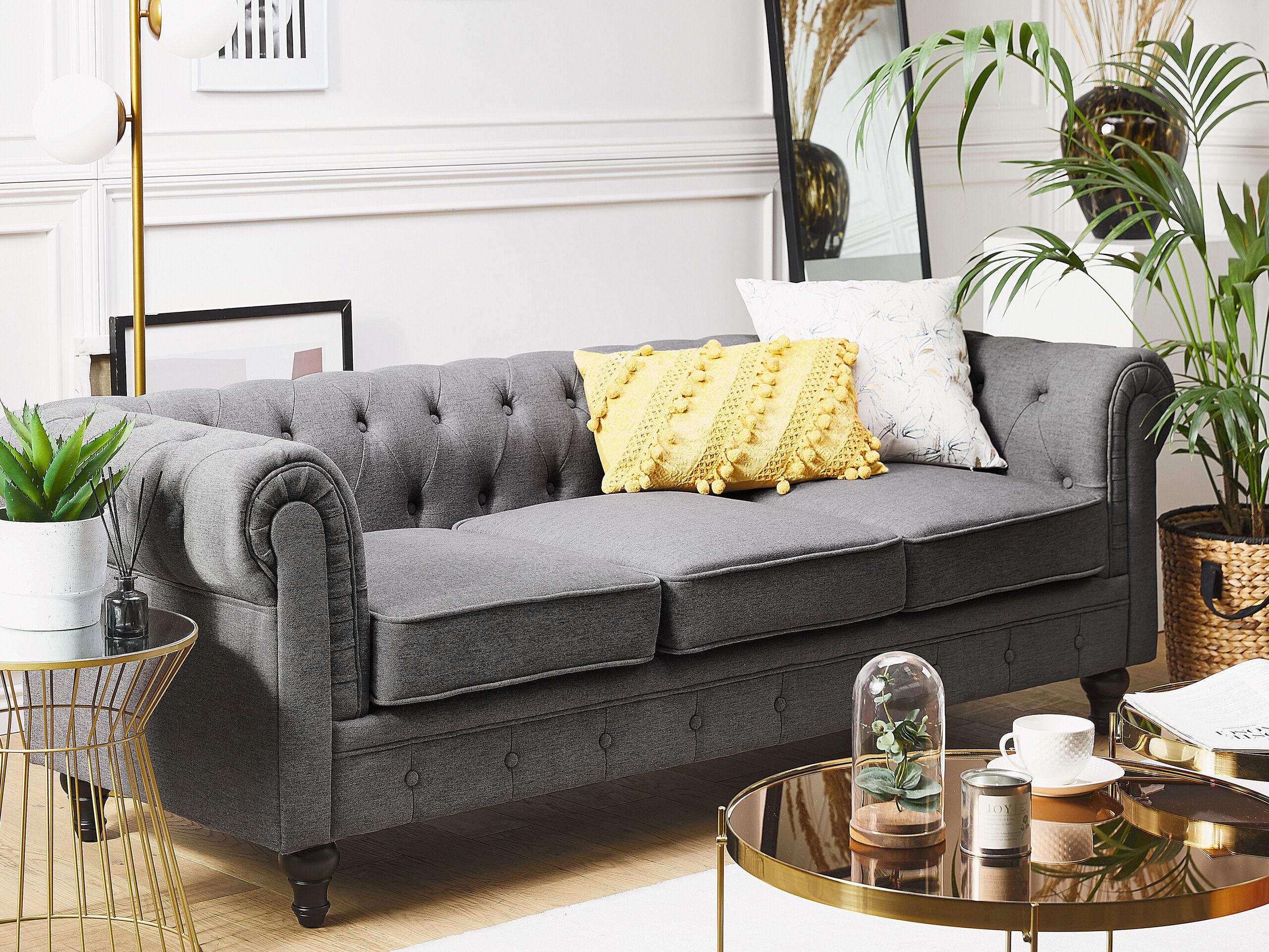 3-SITZER-SOFA Polyester Grau Chesterfield - Grau, Textil (202/70/75cm) - Beliani