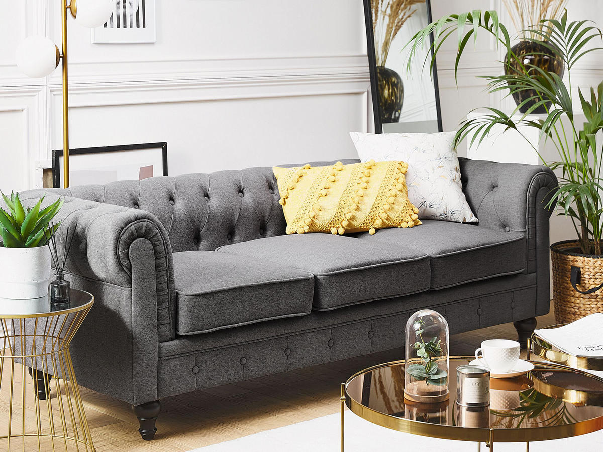 3-SITZER-SOFA Polyester Grau Chesterfield - Grau, Textil (202/70/75cm) - Beliani