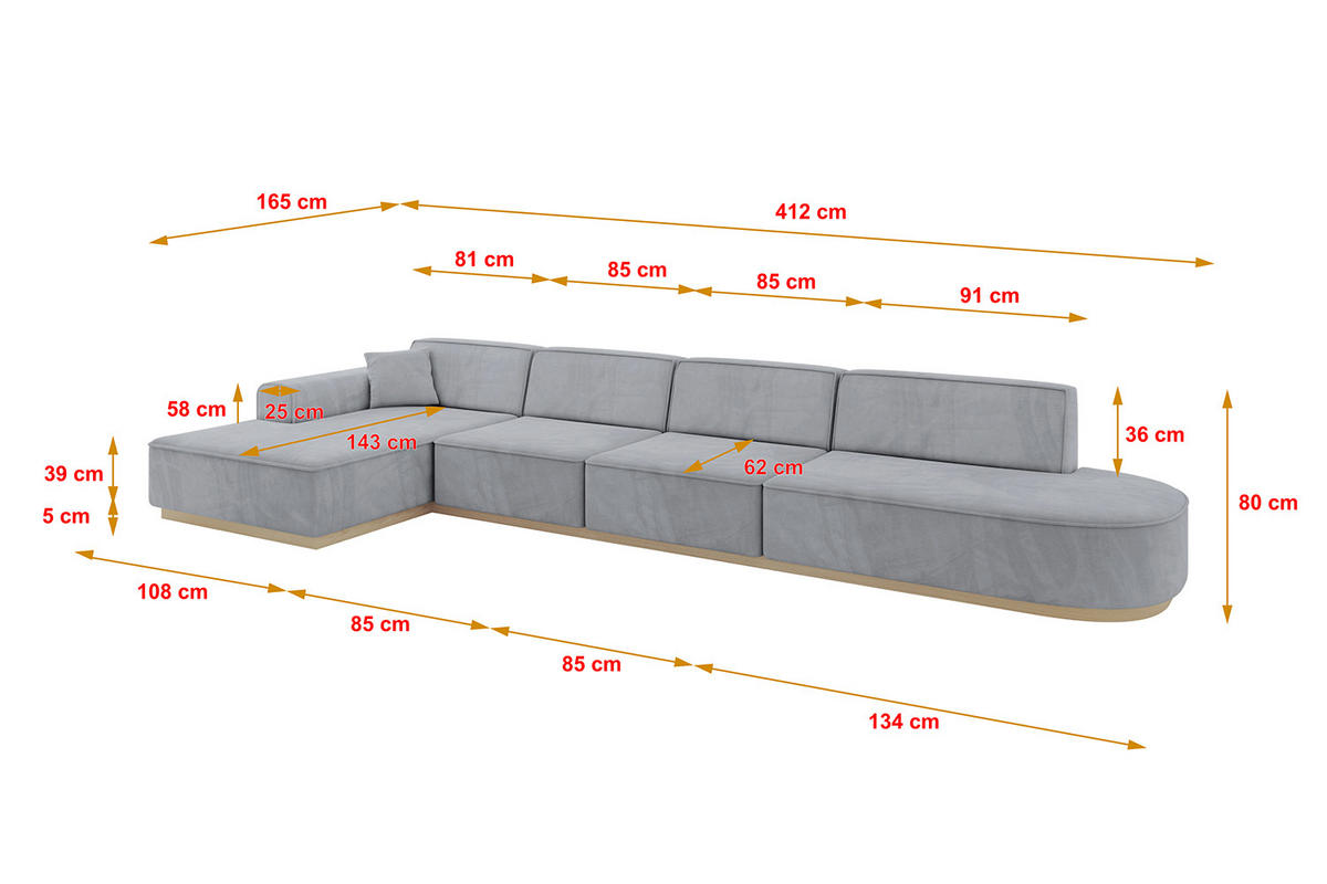 ECKSOFA Ottomane Links IREA-L3 - 412x165x80 cm Grau - Titanfarben, Holzwerkstoff/Textil (412/165cm) - ALTDECOR