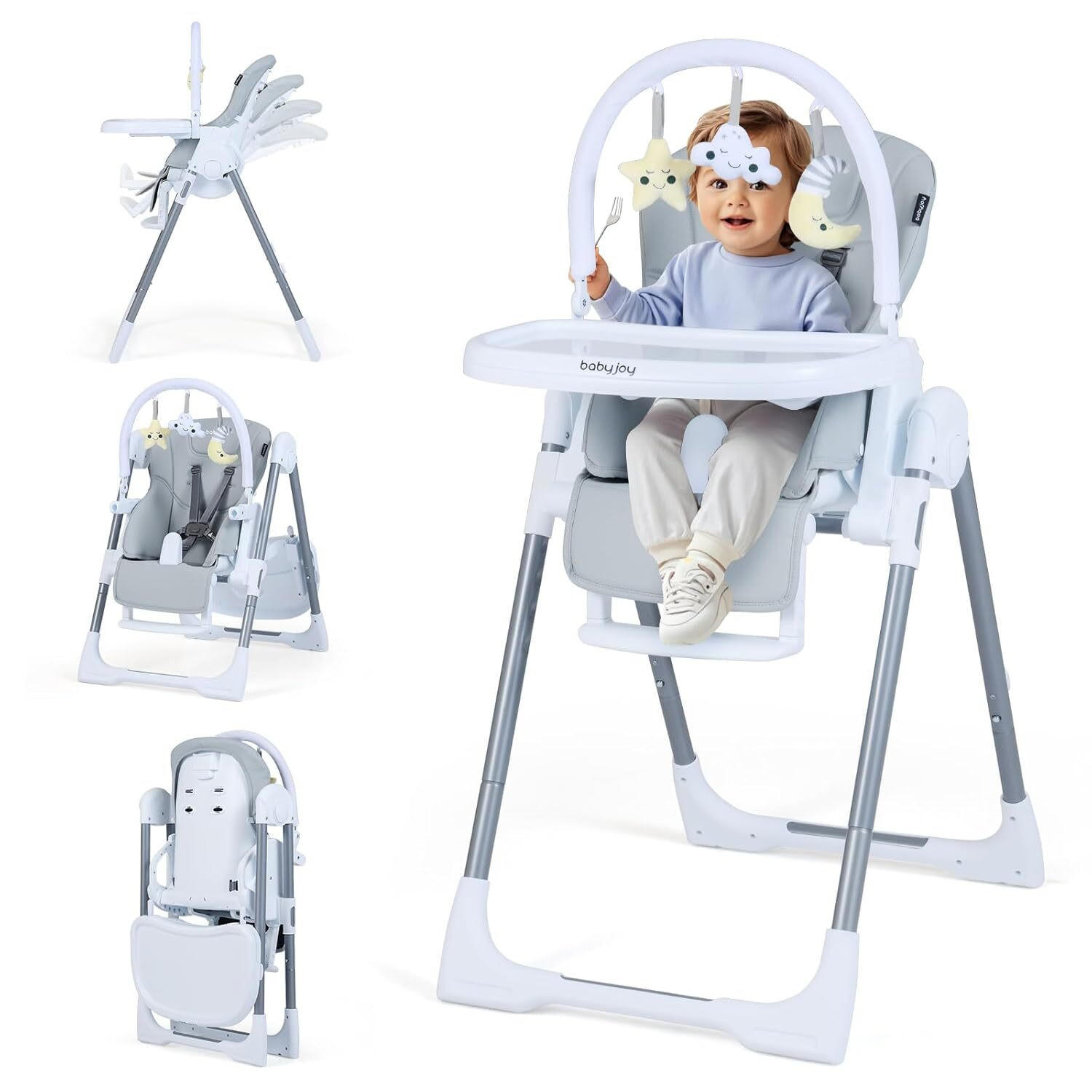 BABYSTUHL mit Spielbügel & Rollen hellgrau - Hellgrau, Metall (72/90.5/54cm) - COSTWAY