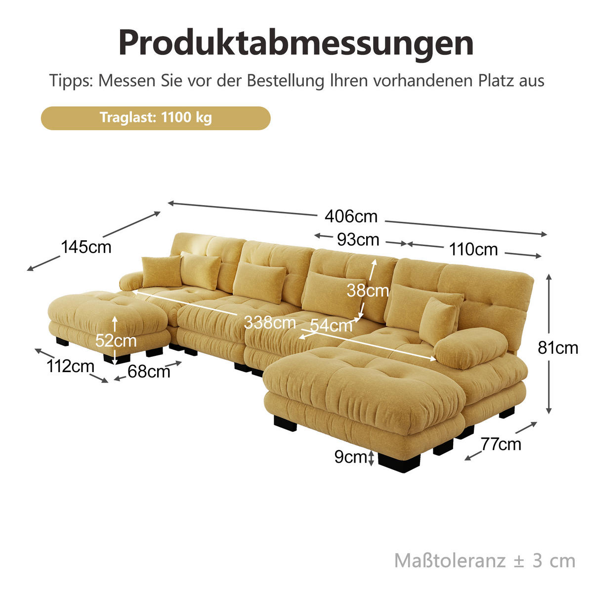 WOHNLANDSCHAFT DE-34065 U-förmig Gelb - Gelb, Holz (145/81/406cm) - ComfortXL