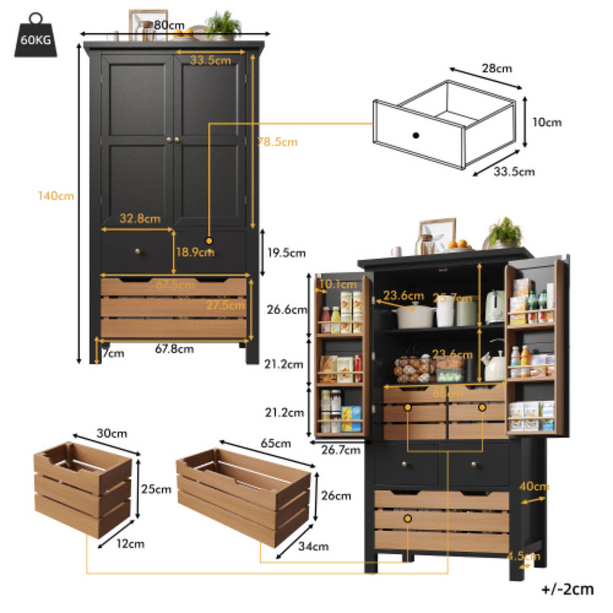 SIDEBOARD 80×40×140 cm aus MDF & Metall mit großem Stauraum und Kippschutz, schwarz - Schwarz, Holzwerkstoff (80/140/40cm) - Luhomfu