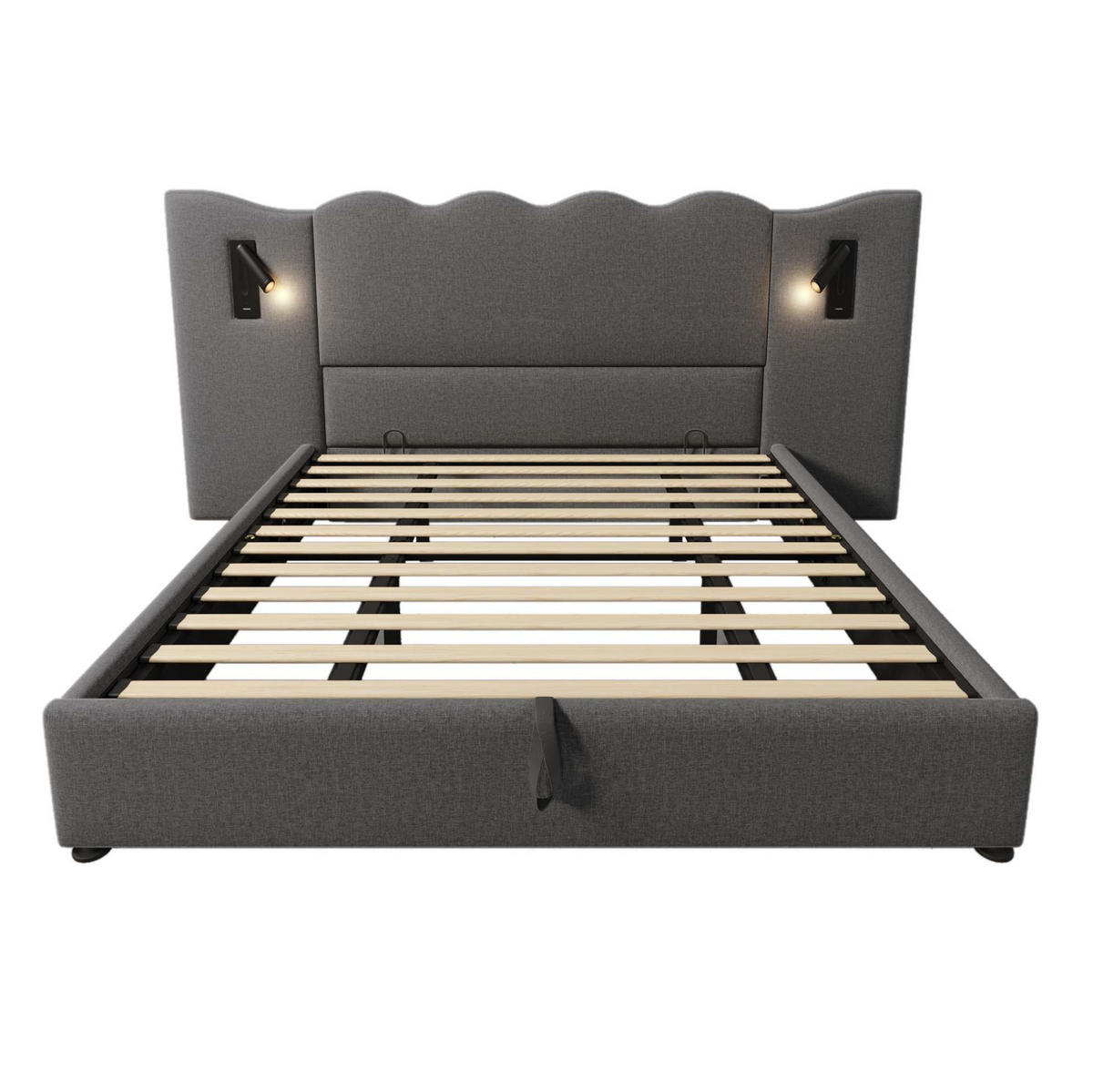 POLSTERBETT 180/200 cm mit Leselampe, USB-C, Stauraum und Wellenkopfteil, Leinen, Grau - Grau, Textil (180/200cm) - Redom