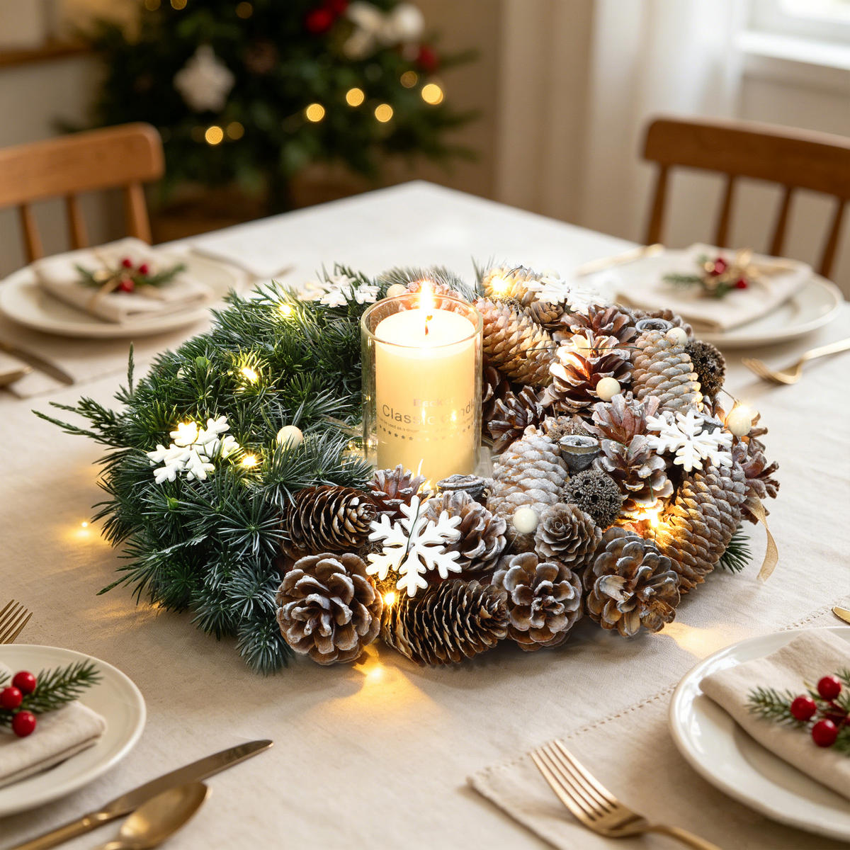 WEIHNACHTSKRANZ mit LED Beleuchtung & Timer - Dunkelgrün, Naturmaterialien (35cm) - Hometopia