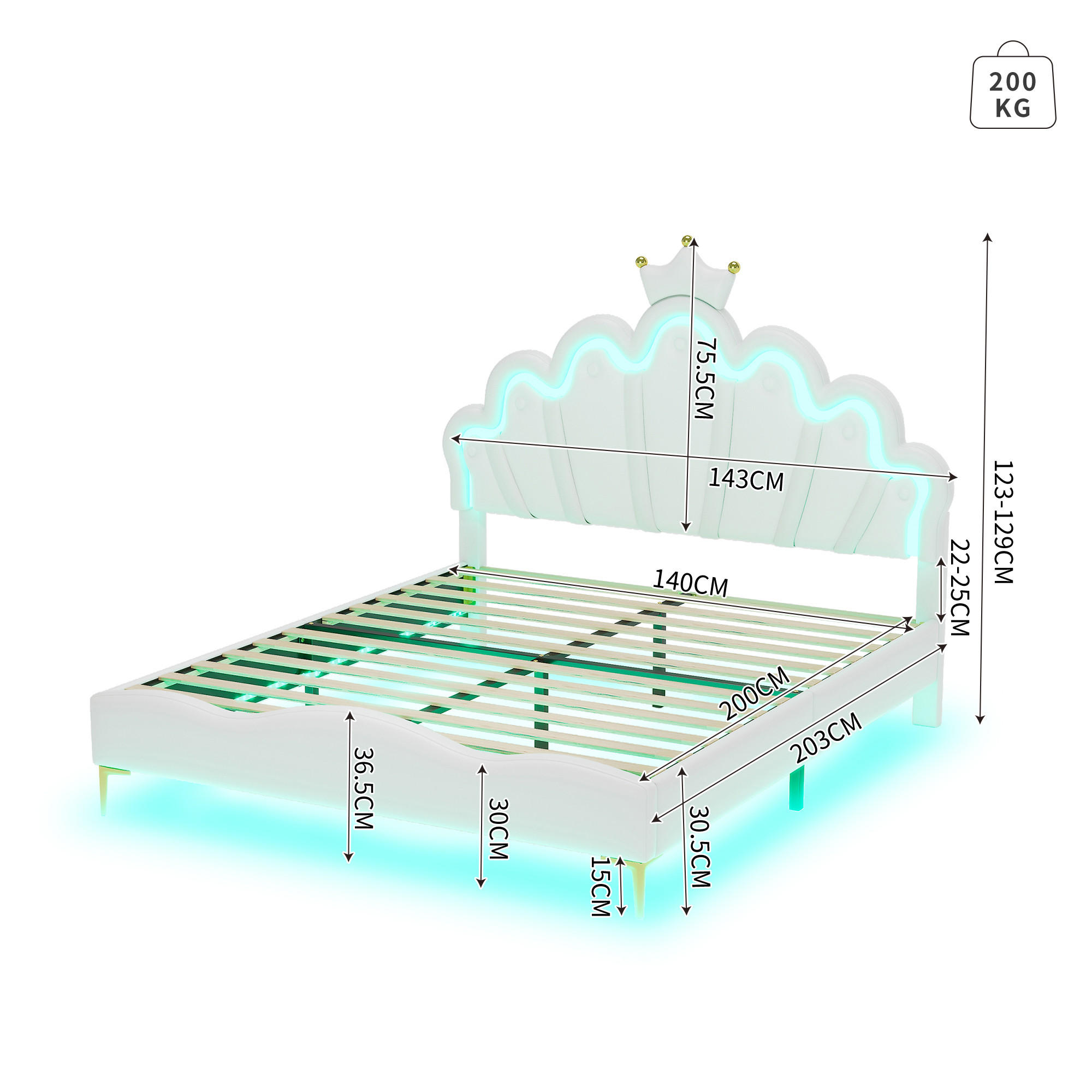 DOPPELBETT 140x200 Prinzessinnenbett Polsterbett LED App Steuerung - Weiß, Holzwerkstoff - Gisaae