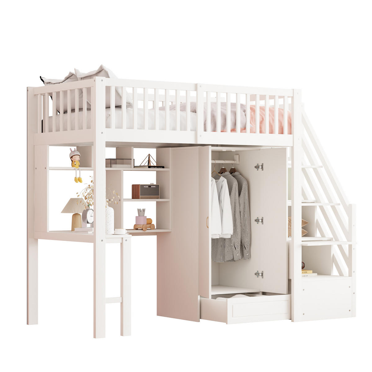 HOCHBETT 90/200 cm Weiß mit Kleiderschrank Tisch Stauraum Treppe aus Holz - Weiß, Holz (90/200cm) - OKWISH