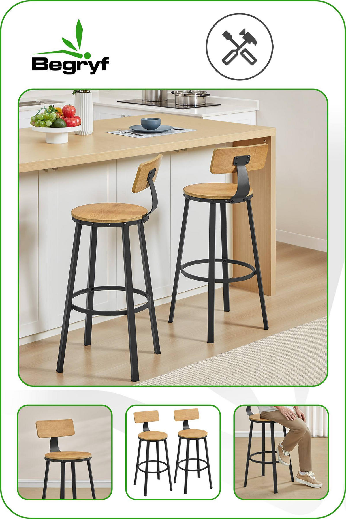 BARHOCKER Holzoptik Metall Honigbraun Schwarz 2er Set mit Rückenlehne 99x54,5x54,5 cm - Schwarz/Honig, Holzwerkstoff/Metall (37/99/55cm) - Begryf