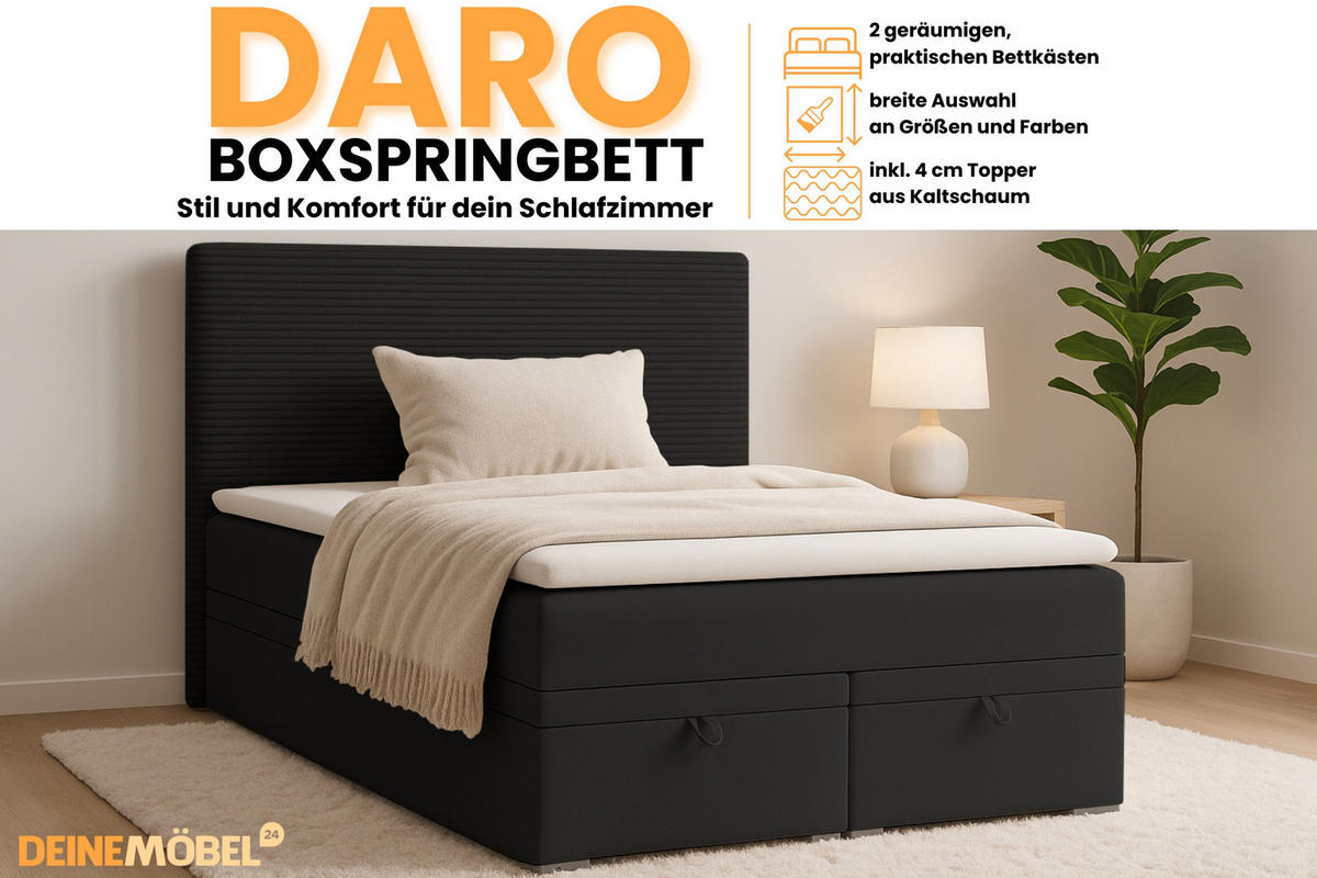 BOXBETT DARO 120/200 in Velour/Cord Schwarz - Schwarz, Holz/Holzwerkstoff (120/200cm) - Deine Möbel 24