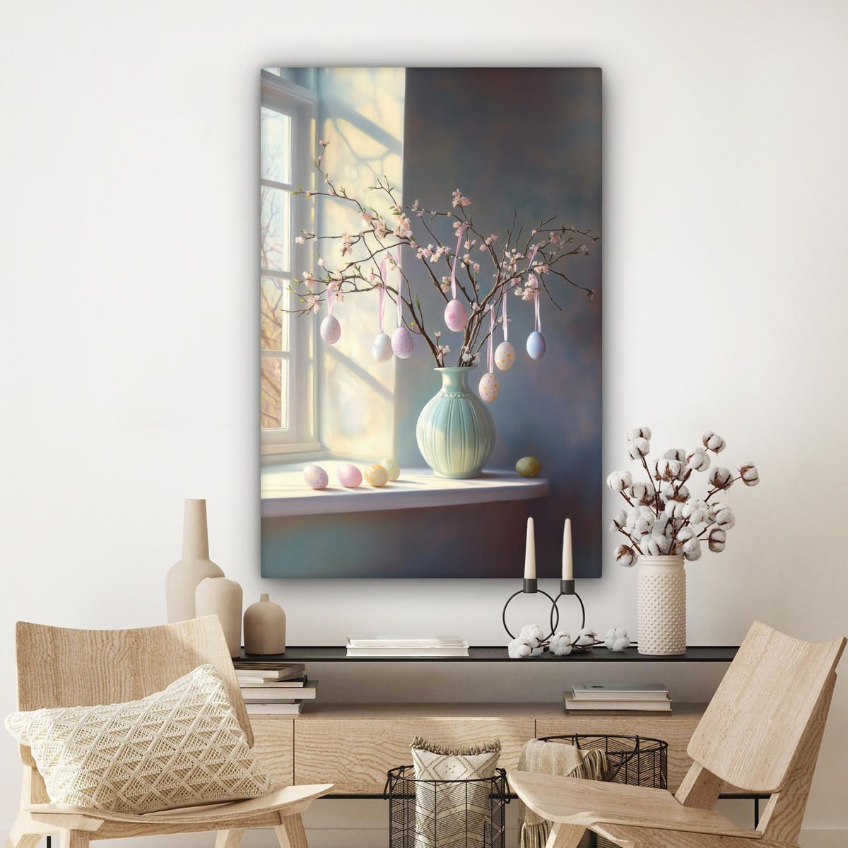 LEINWANDBILD Stillleben - Vase - Osterzweig Deko Groß 90x140 cm - Hellblau, Textil (90/140cm) - MuchoWow