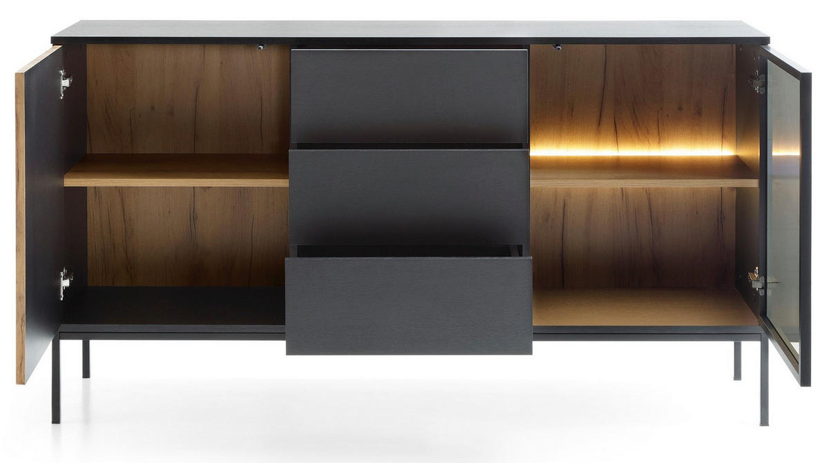 KOMMODE 150 cm Haller mit Schubladen, LED-Beleuchtung, Lamellen, Braun - Braun, Holz (154/83/39cm) - Emporius