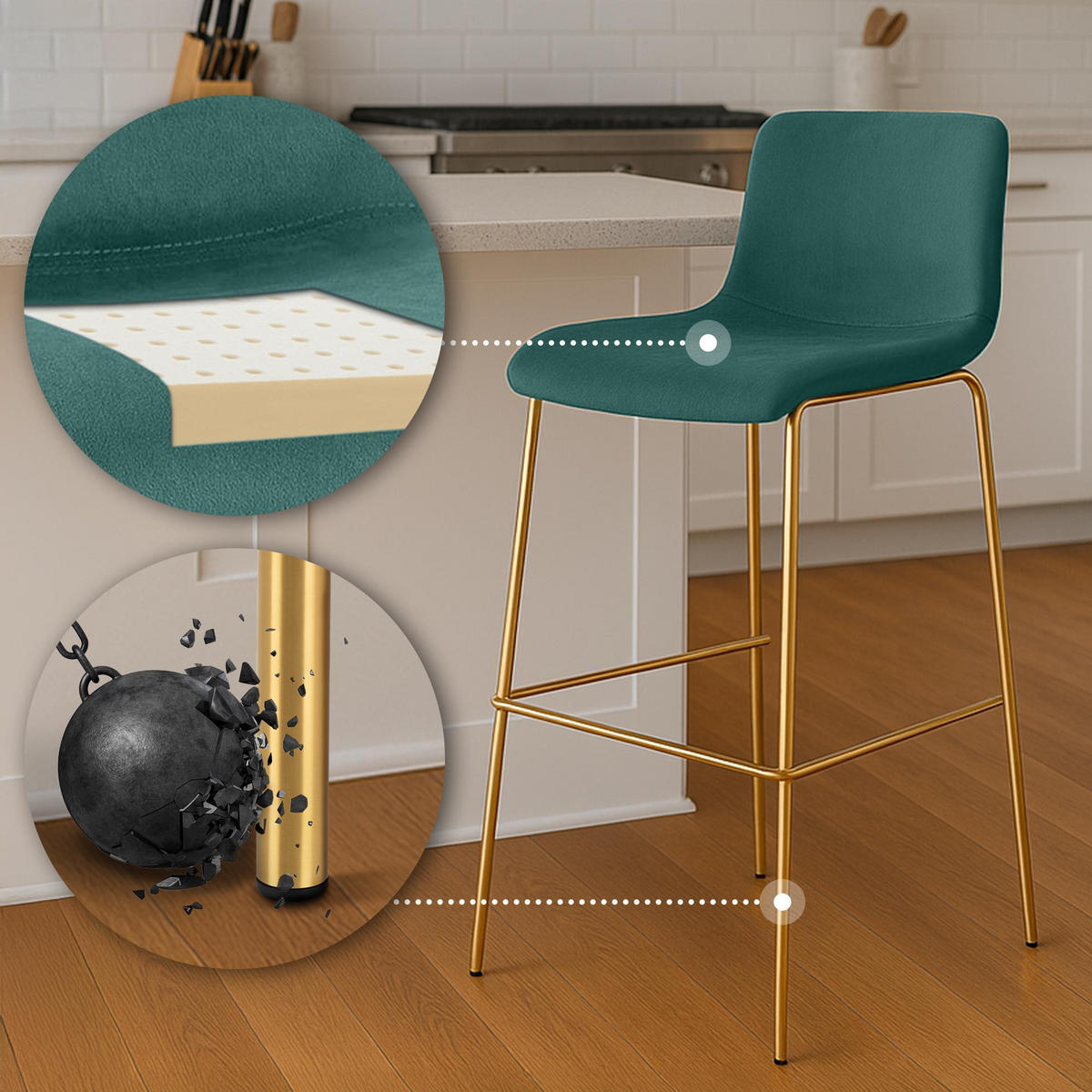 BARHOCKER Samt Grün - Goldfarben/Grün, Textil/Metall (43/100/48cm) - CLP
