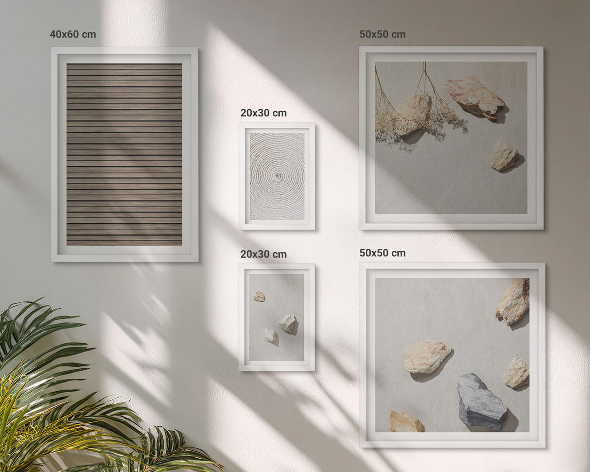 WANDBILDER 5er-Set - 50x50 cm & 20x30 cm & 40x60 cm Weißer Rahmen - Natürliche Texturen Holz Steine - Weiß, Kunststoff (40/60cm) - ArtPrintCave