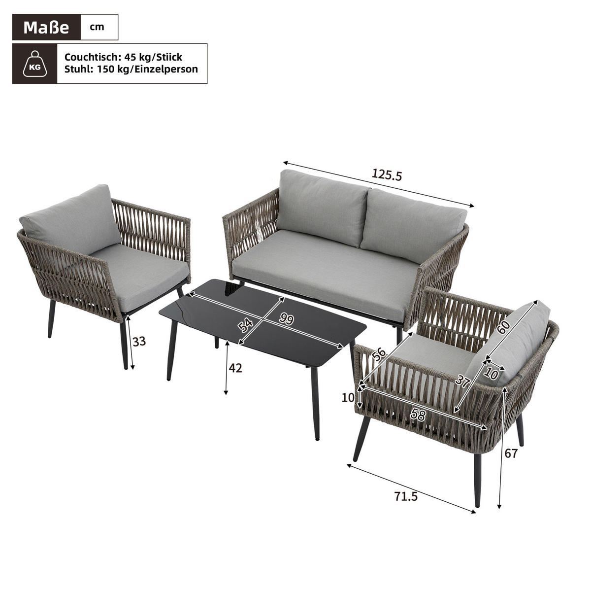 GARTENLOUNGE-SET 99/54/42 cm grau aus Polyester mit Glastisch und PE-Seilgeflecht - Grau, Textil - OKWISH