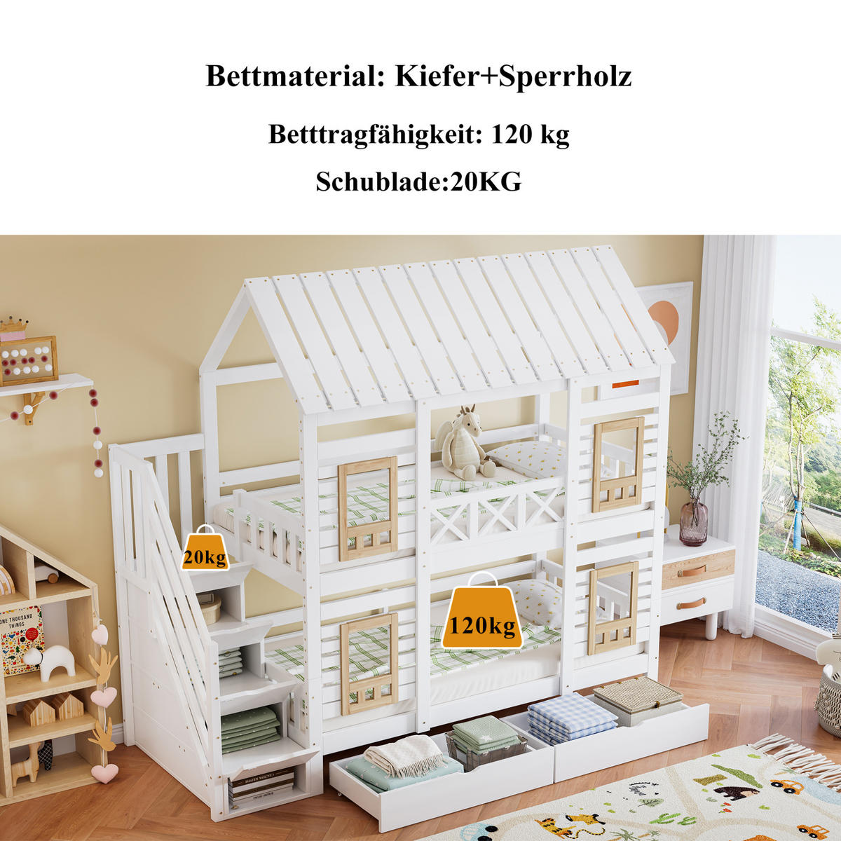 ETAGENBETT 90/200 cm Weiß/Natur mit Stauraumtreppe, Schubladen, ohne Matratze - Weiß, Holz (90/200cm) - MIVRAY