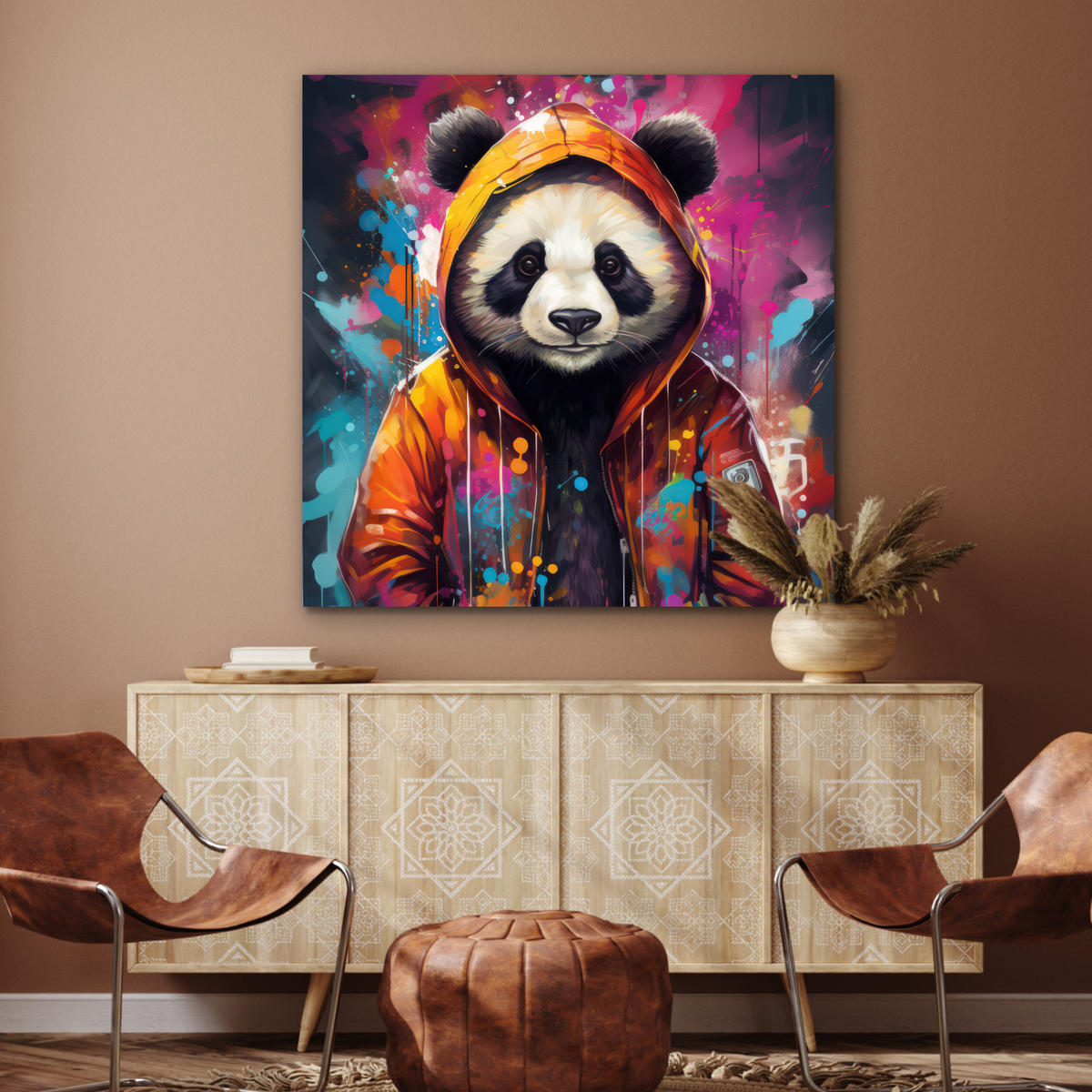 METALLBILD Panda - Jacke - Graffiti - Orange 90x90 cm - Orange, Metall (90/90cm) - MuchoWow