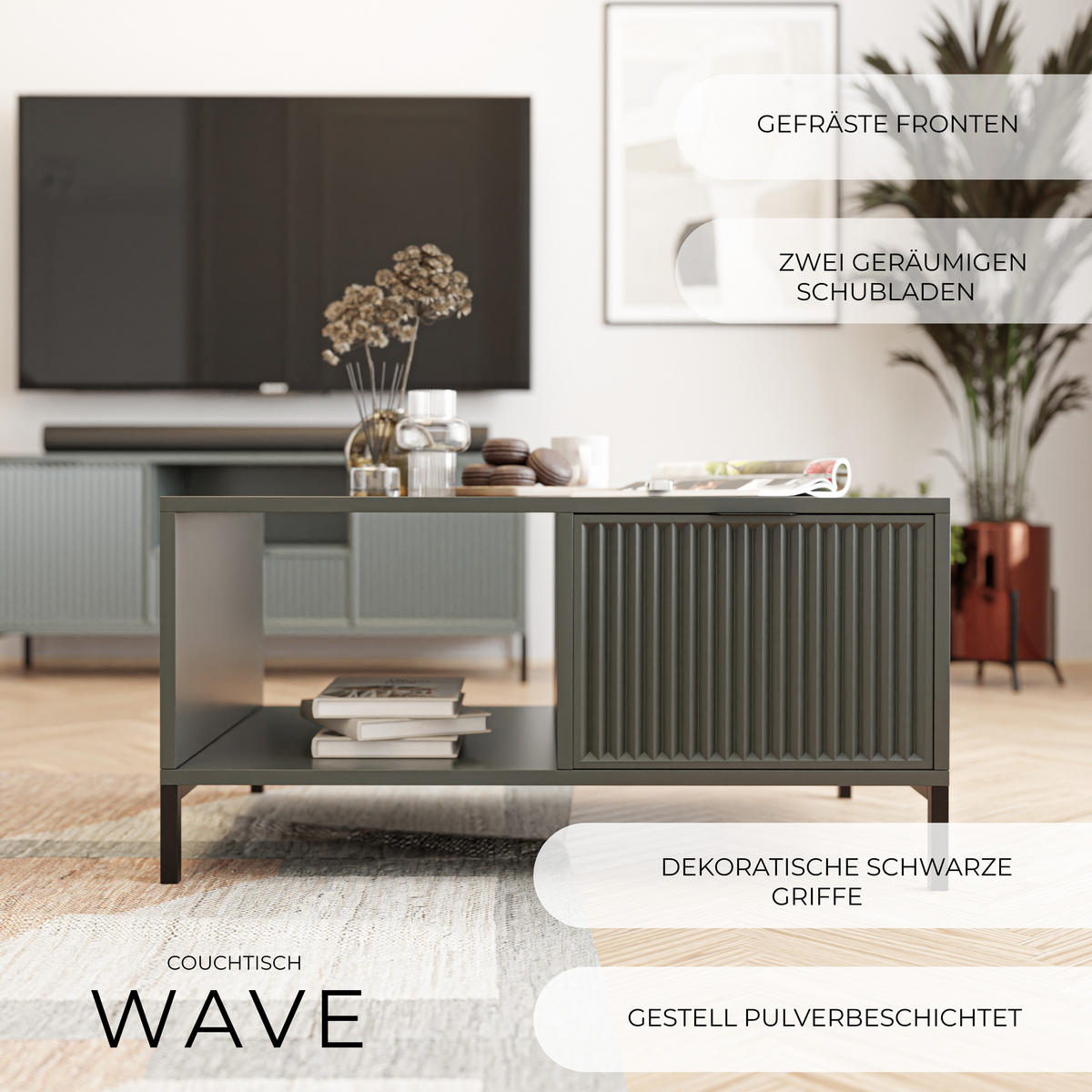 COUCHTISCH WAVE 90/58/45 cm, rechteckig, Grün - Schwarz/Grün, Holzwerkstoff/Metall (58/90/45.5cm) - Idohome