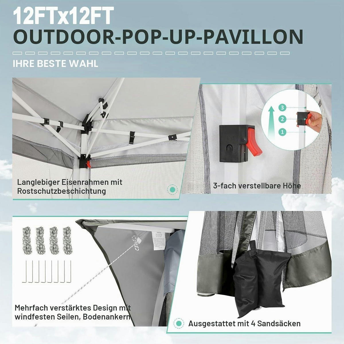 PAVILLON 3,65 x 3,65 m Dunkelgrau mit Moskitonetz - Grau, Textil (365/275/365cm)