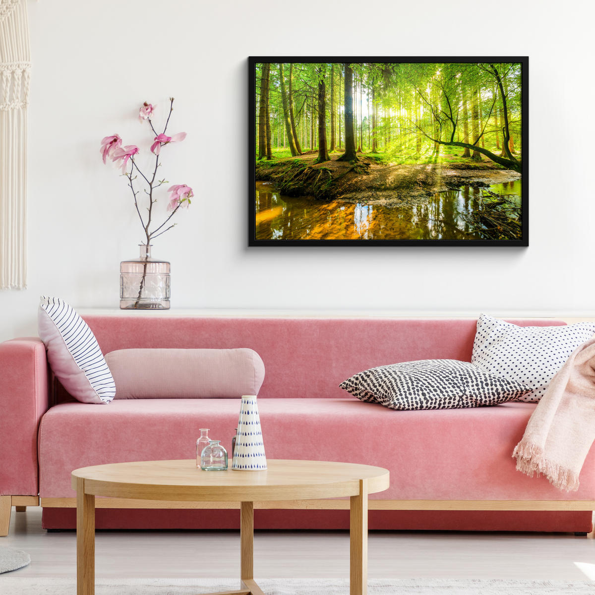 POSTER MIT RAHMENGERAHMTES BILD Wald - Landschaft - Wasser - Bäume - Sonne - Grün - Natur 90x60 cm - Grün, Papier (90/60cm) - MuchoWow