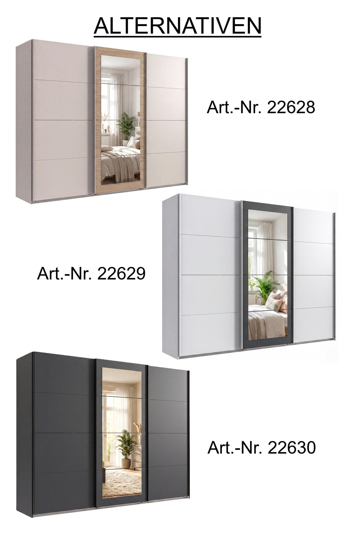 SCHWEBETÜRENSCHRANK 3-türig B270/H208/64 cm Kleiderschrank in Grafit, mittig Spiegel, Griffe Schwarz / 22630 - Schwarz/Graphitfarben, Holzwerkstoff/Metall (270/208/64cm) - luma-home
