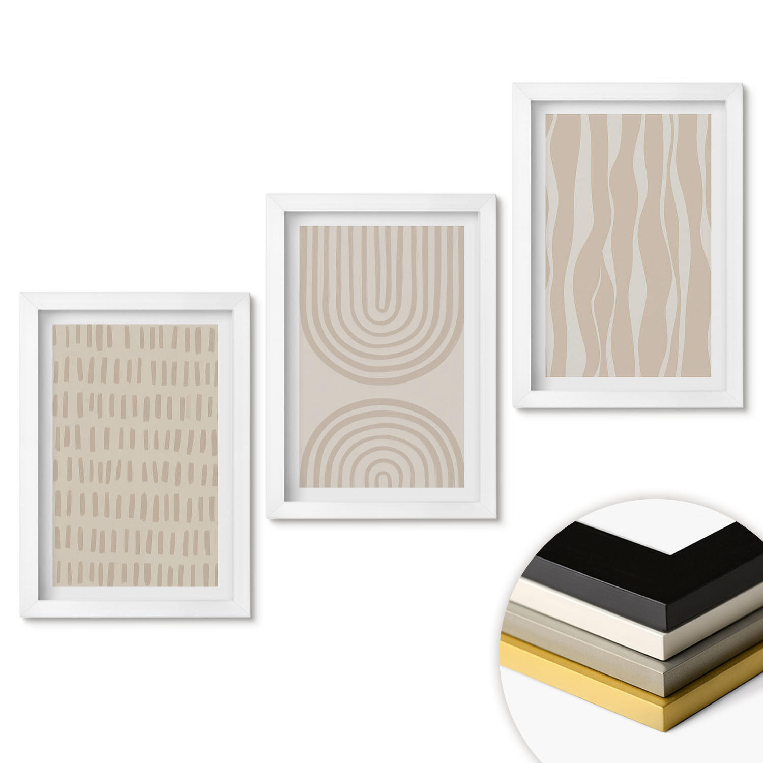 WANDBILDER 3er-Set - 20x30 cm Weißer Rahmen - Abstrakte beige Muster - Weiß, Kunststoff (20/30cm) - ArtPrintCave