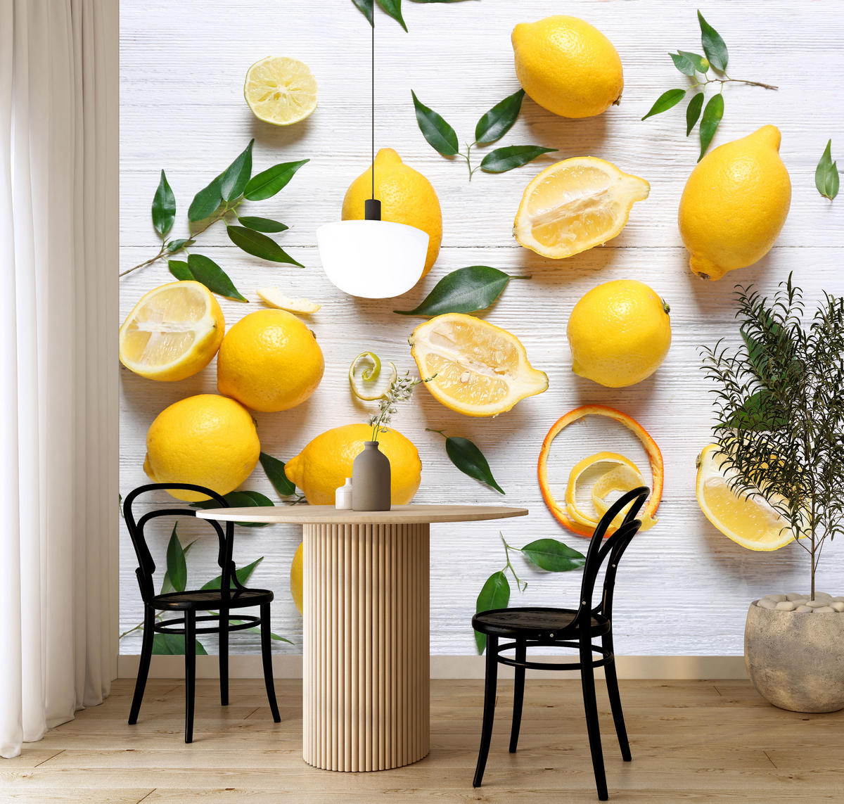 FOTOTAPETE für Küche Zitronen Holztisch Blätter Frisch Rustikal 300x210 - Gelb/Weiß, Papier (300/210cm) - Muralo